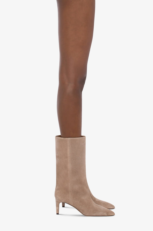 Calf-high boots in smooth koala suede leather - Product worn