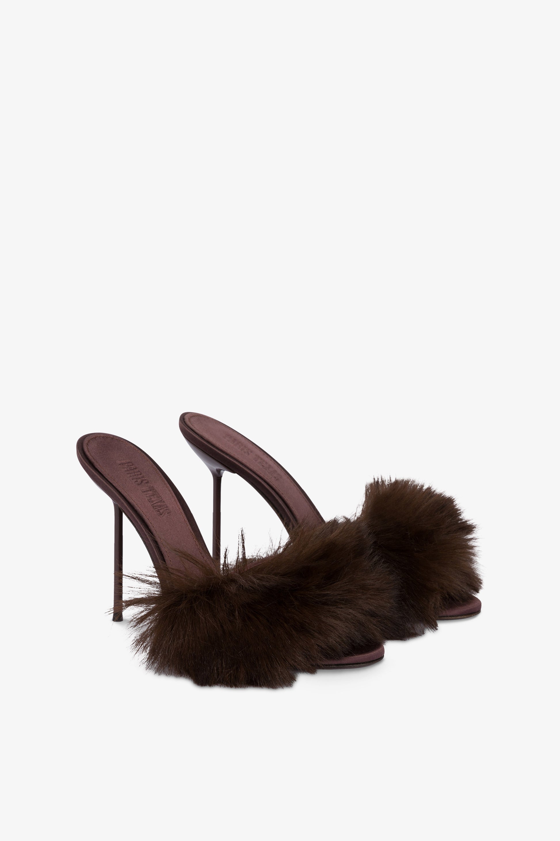 Mules en satin brun et fausse fourrure