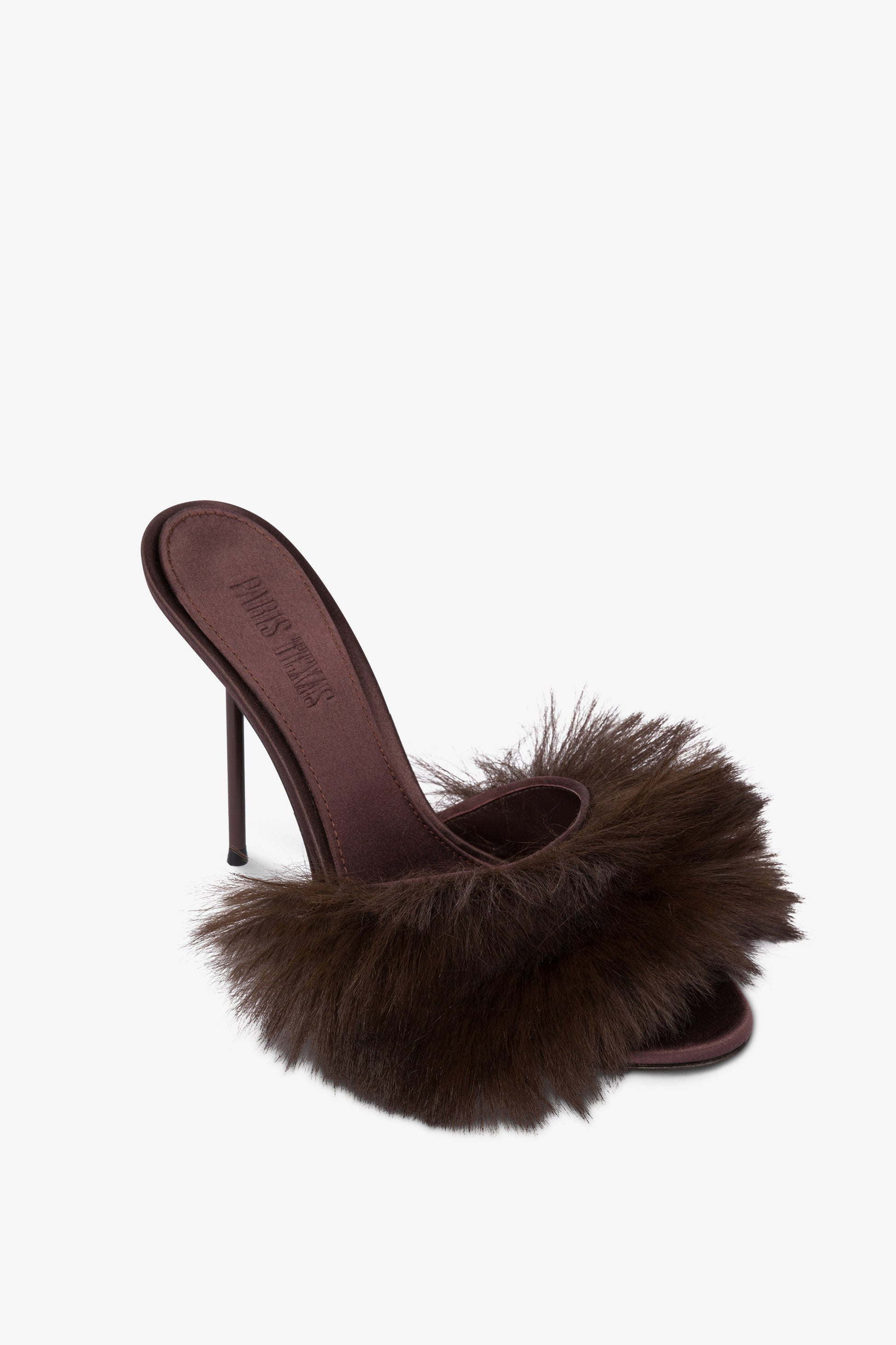 Mules in brown satin and faux fur