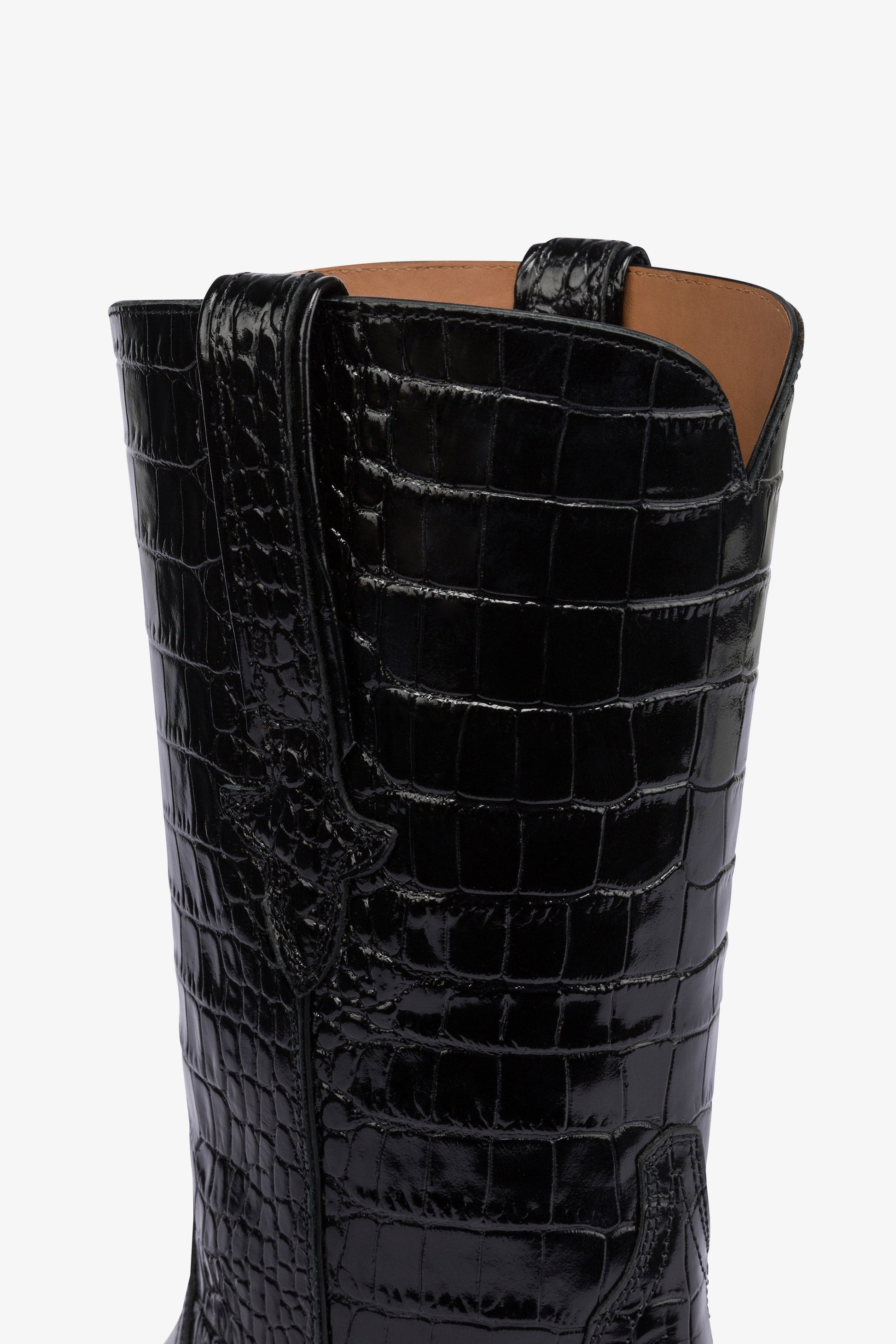 Boots in black croco-embossed leather