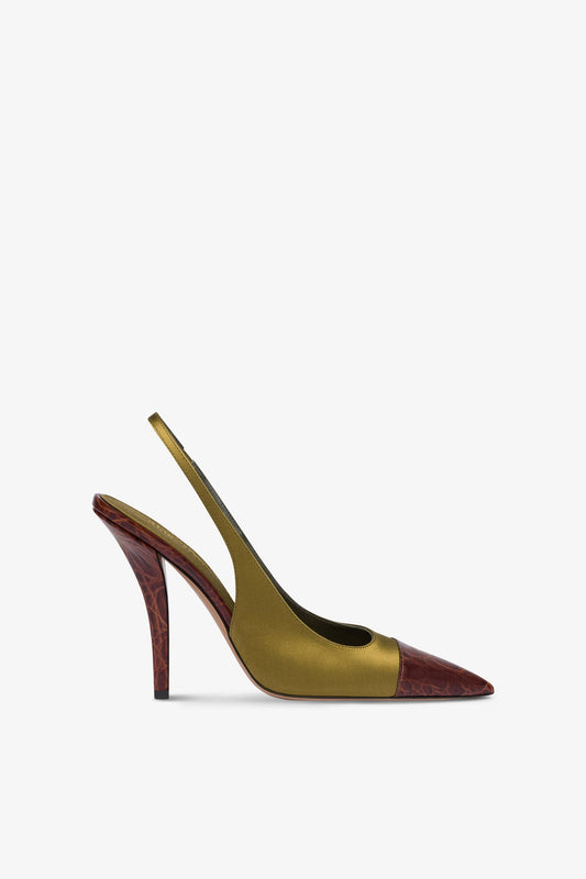 Slingbacks in oil-colored satin and chocolate croco-embossed leather