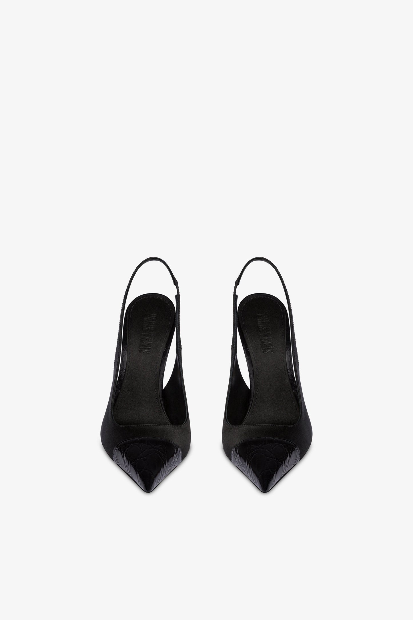 Slingback in raso nero e punta in pelle con stampa coccodrillo tono su tono