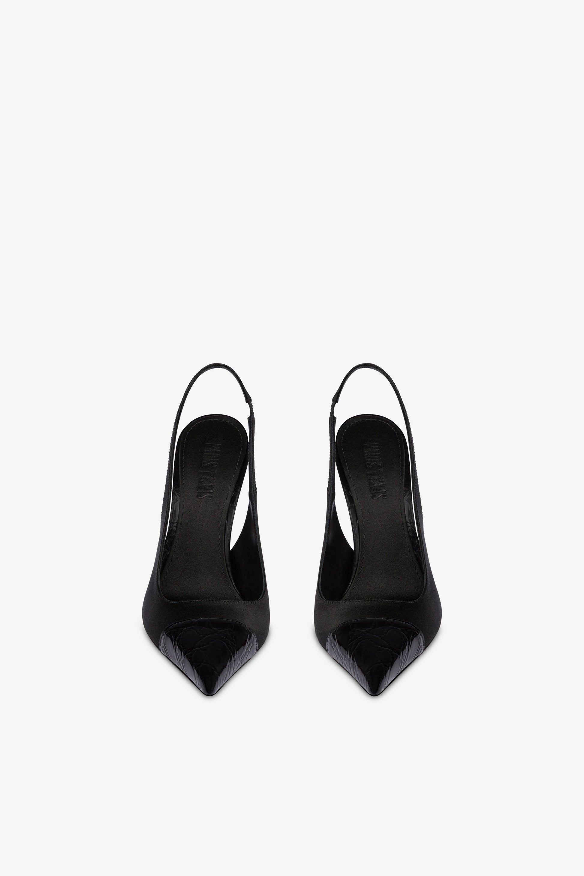 Slingback in raso nero e punta in pelle con stampa coccodrillo tono su tono