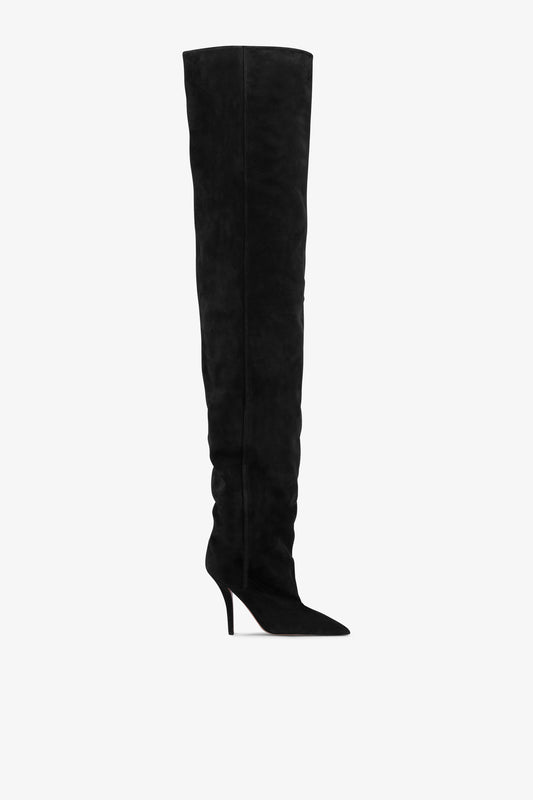 Bottes a hauteur de genou en cuir suede noir casse