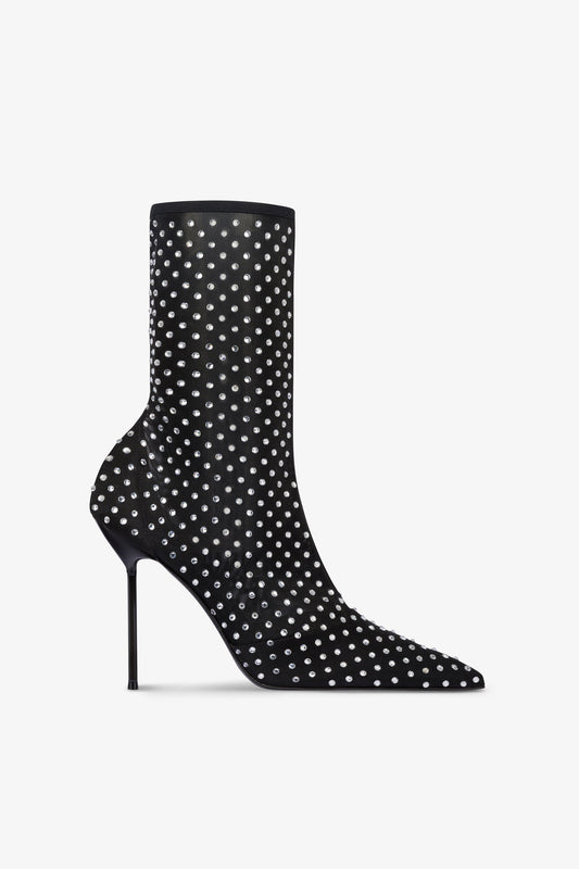 Ankle boots in stretchy black and crystal mesh