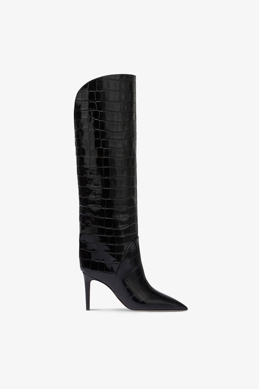 Bottes en cuir gaufre facon croco noir