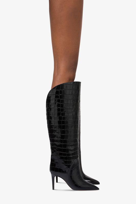 Boots in black croco-embossed leather