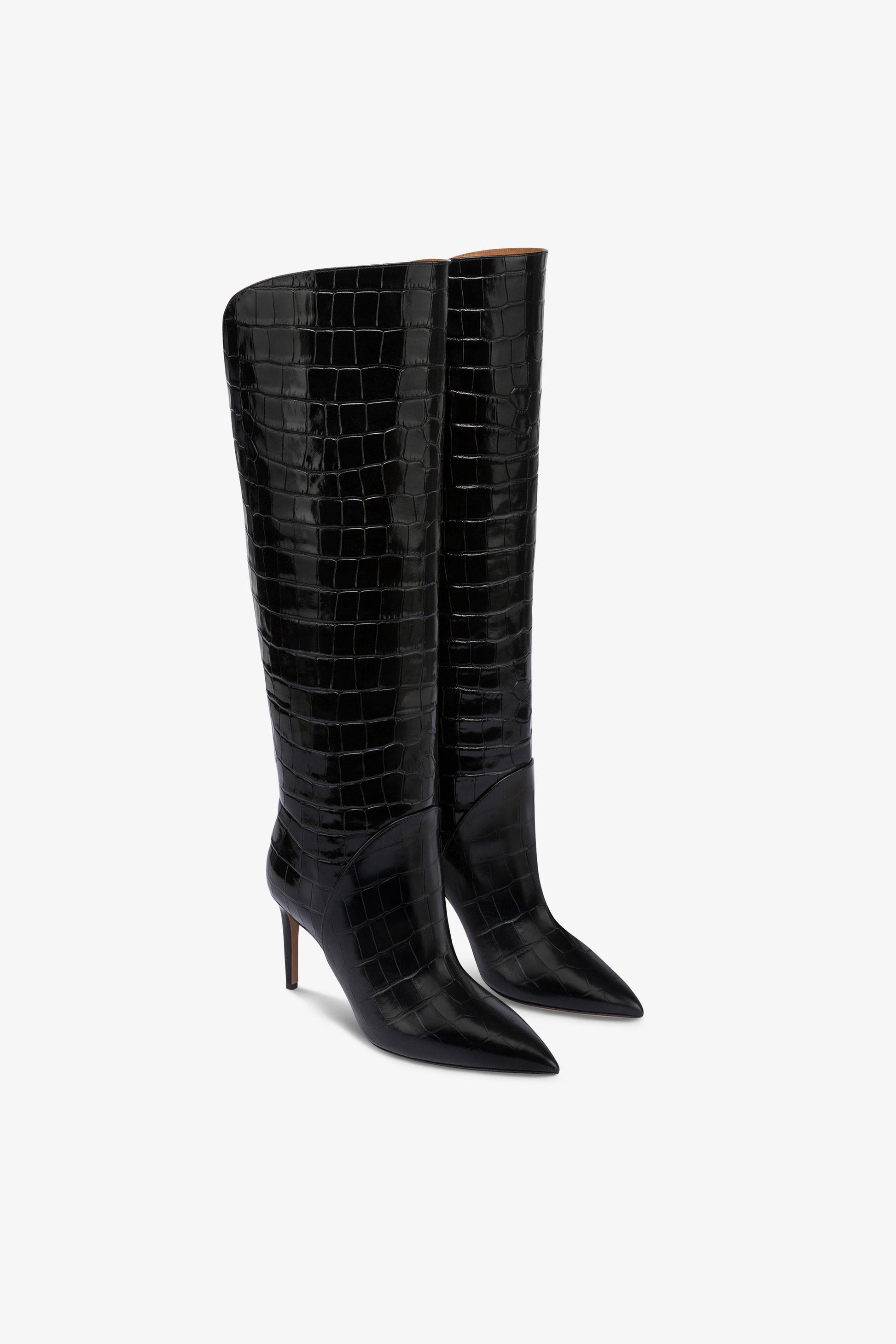 Boots in black croco-embossed leather