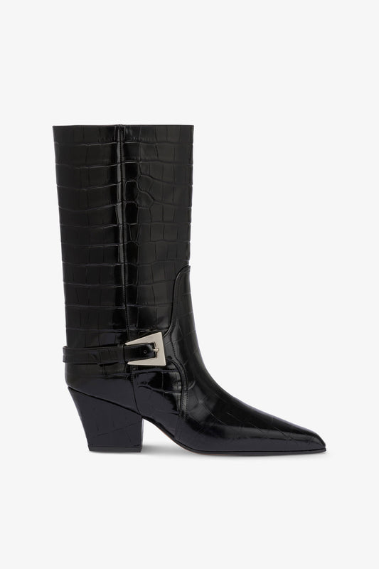 Bottes en cuir gaufre facon croco noir