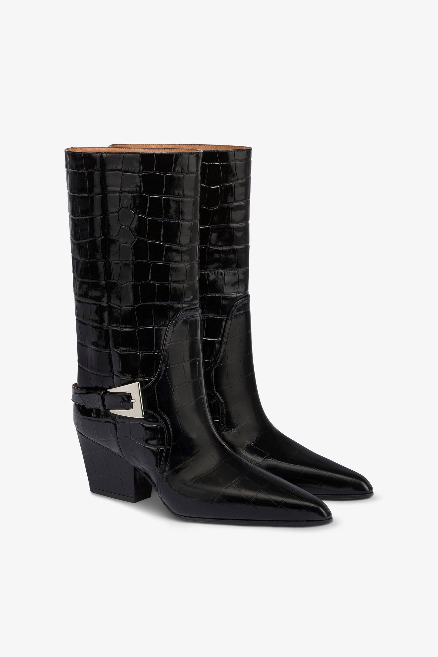 Bottes en cuir gaufre facon croco noir