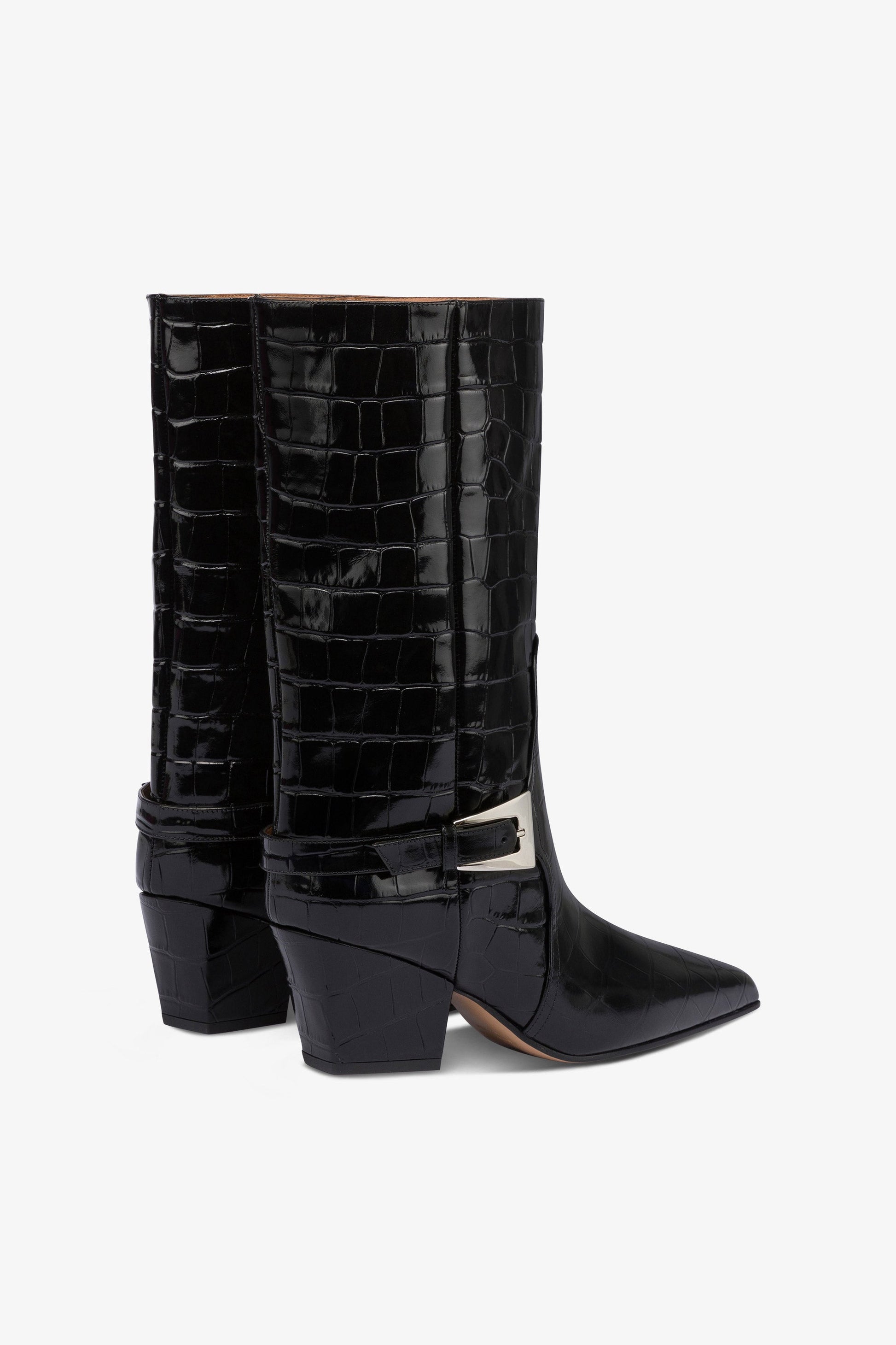 Boots in black croco-embossed leather