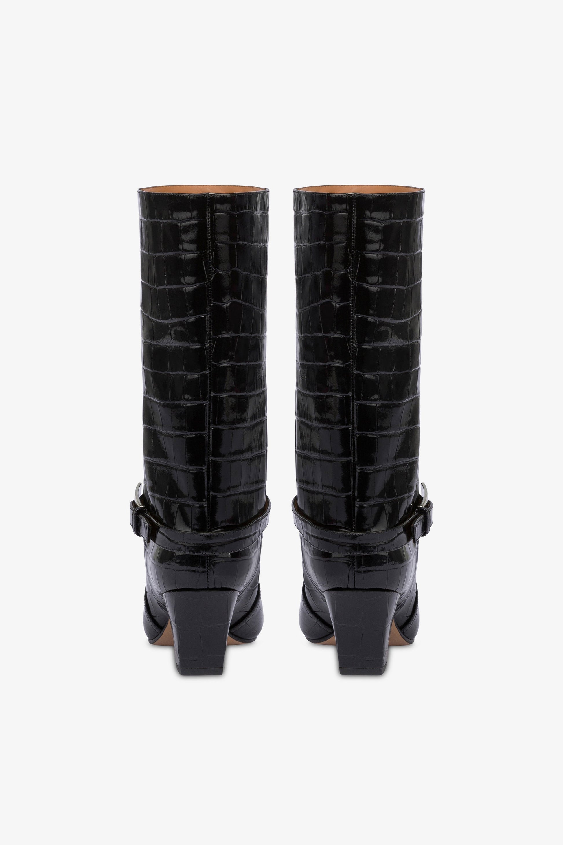 Boots in black croco-embossed leather