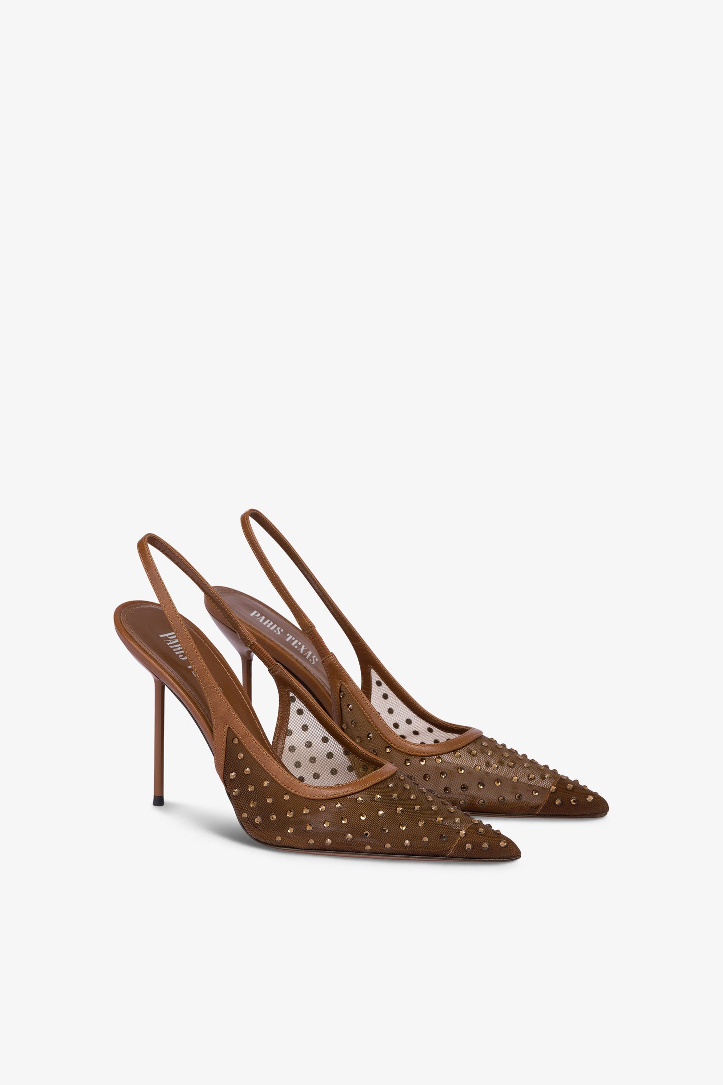 Slingbacks in brown and crystal mesh