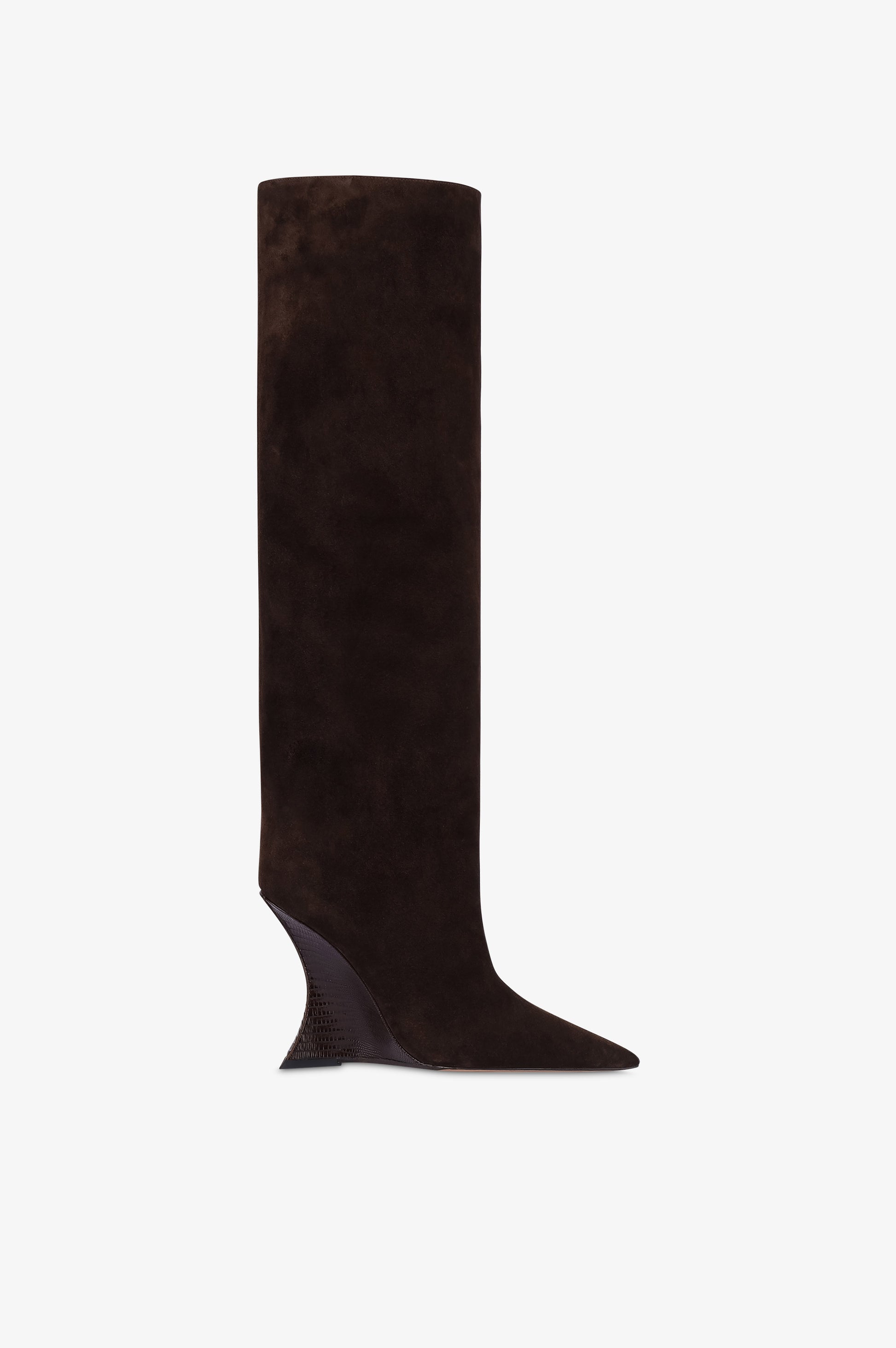 Boots in chocolate calf suede leather with lizard print leather heel