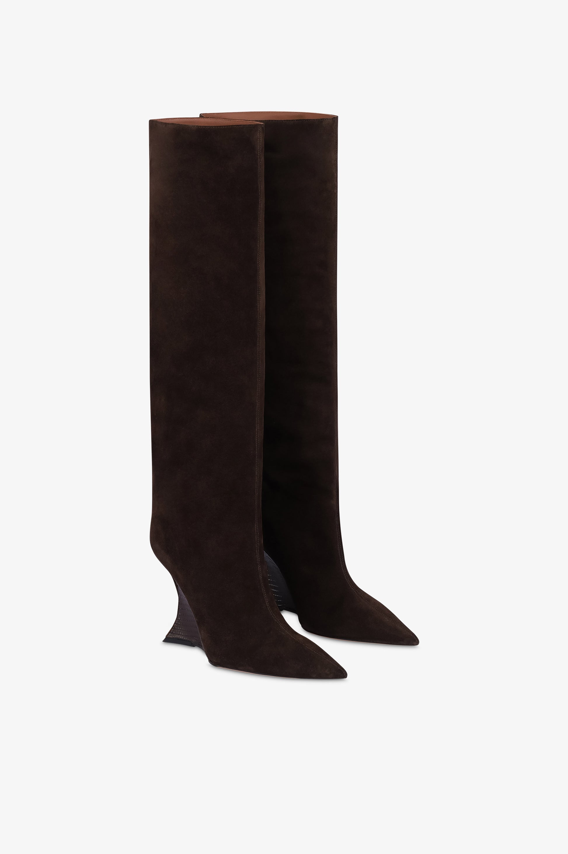 Boots in chocolate calf suede leather with lizard print leather heel