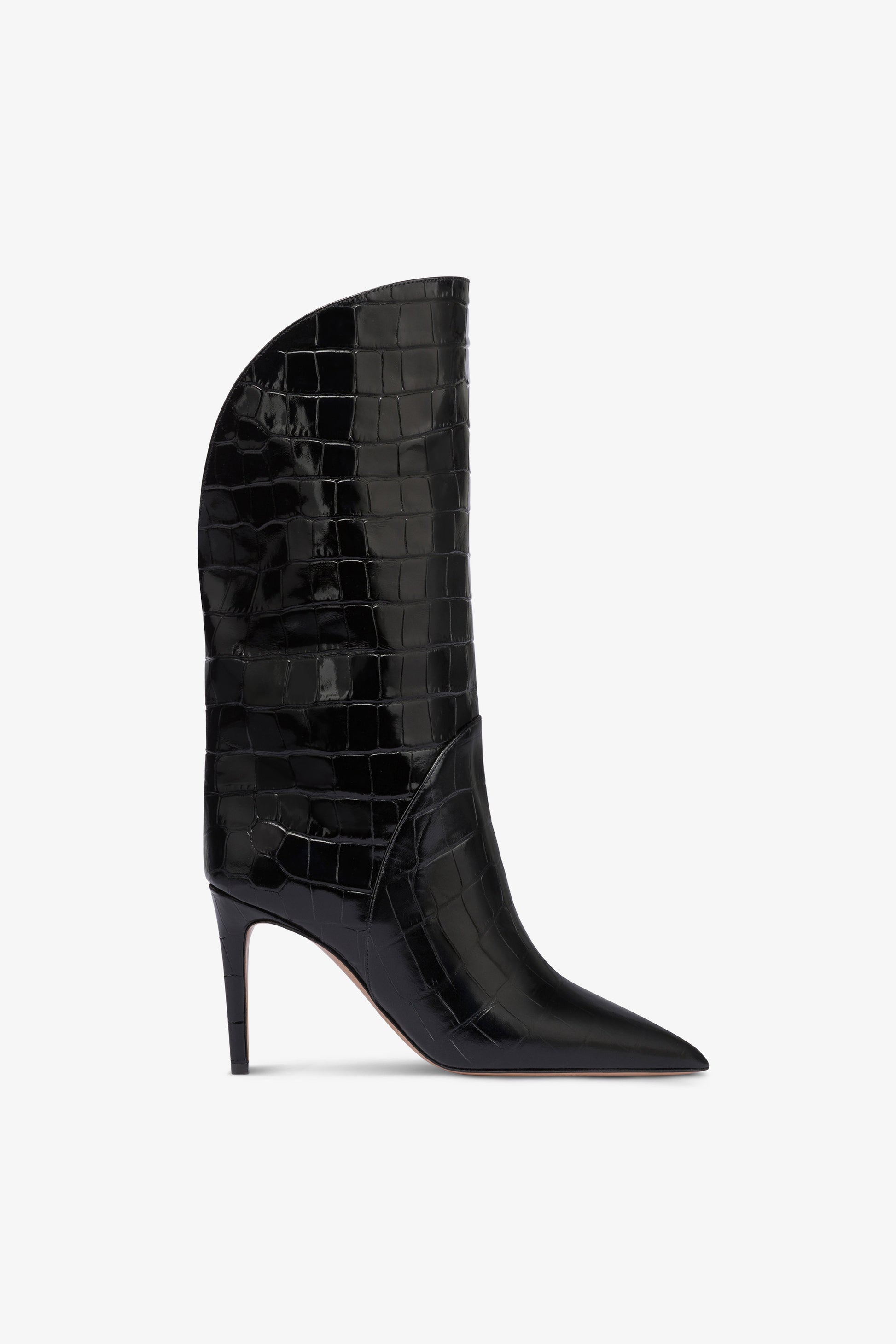 Boots in black croco-embossed leather