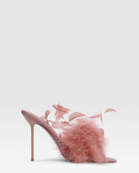 Mule en satin avec plumes decoratives — BEIGE FONCE