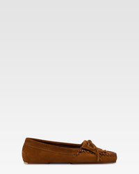 Loafers in ecru suede leather — Cognac