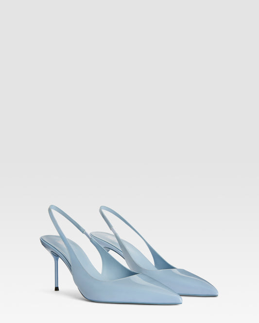 Escarpins a bride arriere en cuir verni couleur denim