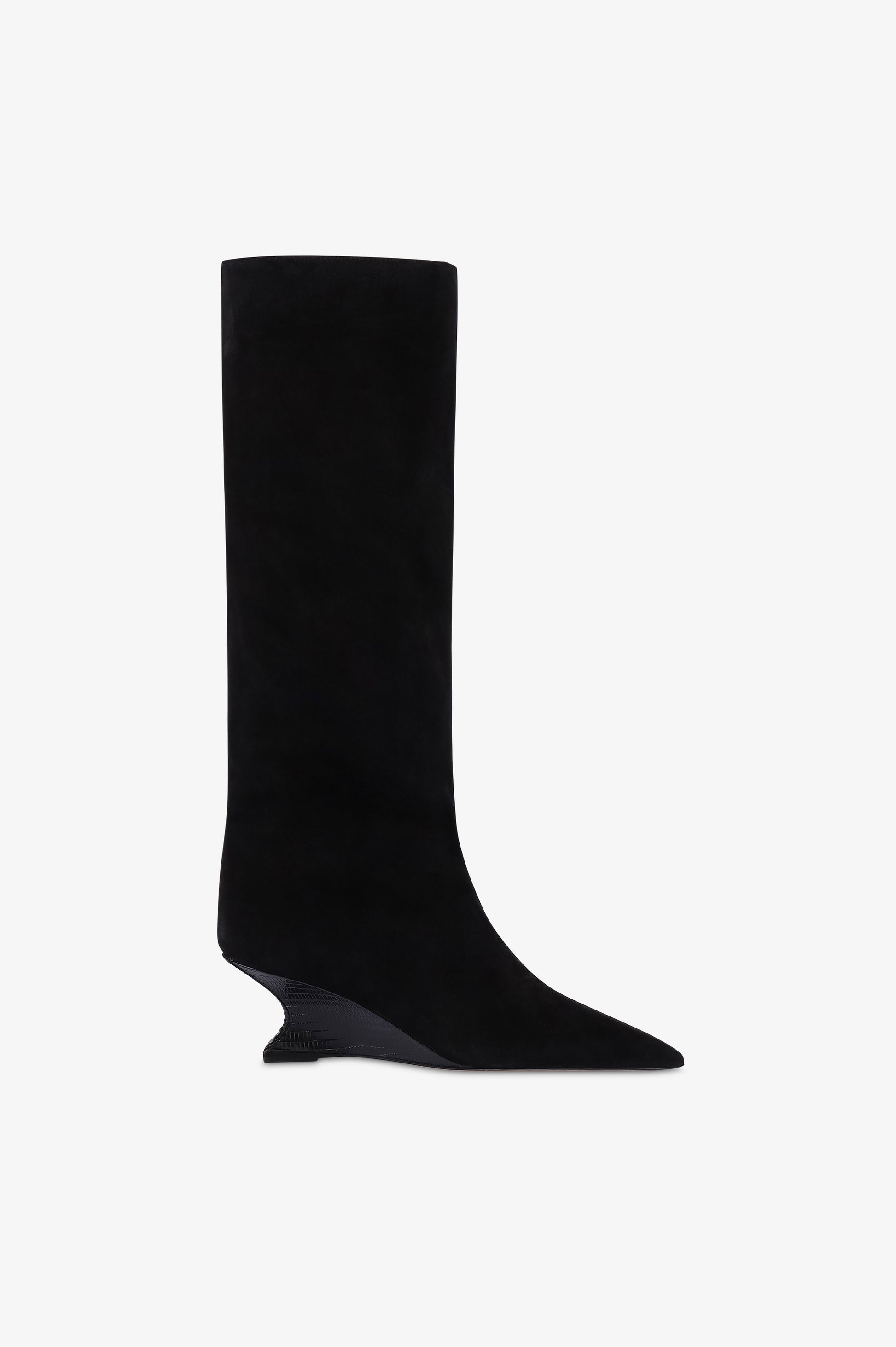 Bottes en cuir suede de veau couleur noire avec talon en cuir imprime lezard