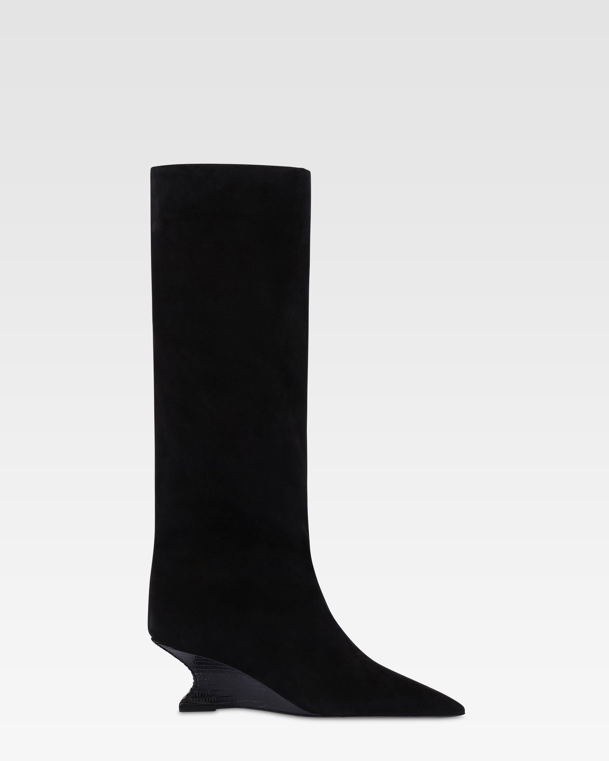 Stiefel aus schwarzem Kalbsveloursleder mit Lederabsatz mit Echsen-Print