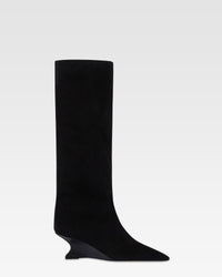 Stiefel aus schwarzem Kalbsveloursleder mit Lederabsatz mit Echsen-Print — Schwarz