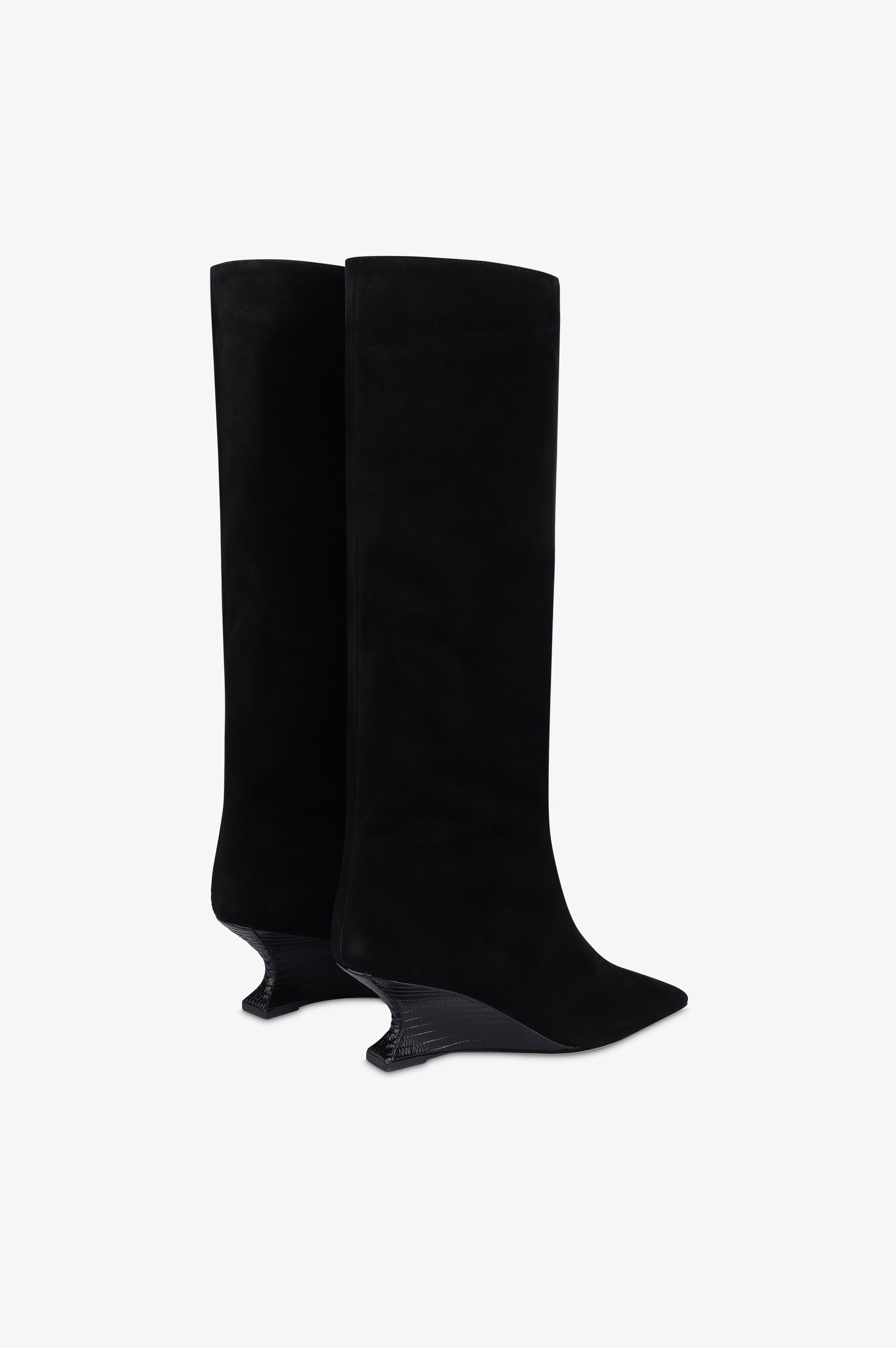 Bottes en cuir suede de veau couleur noire avec talon en cuir imprime lezard