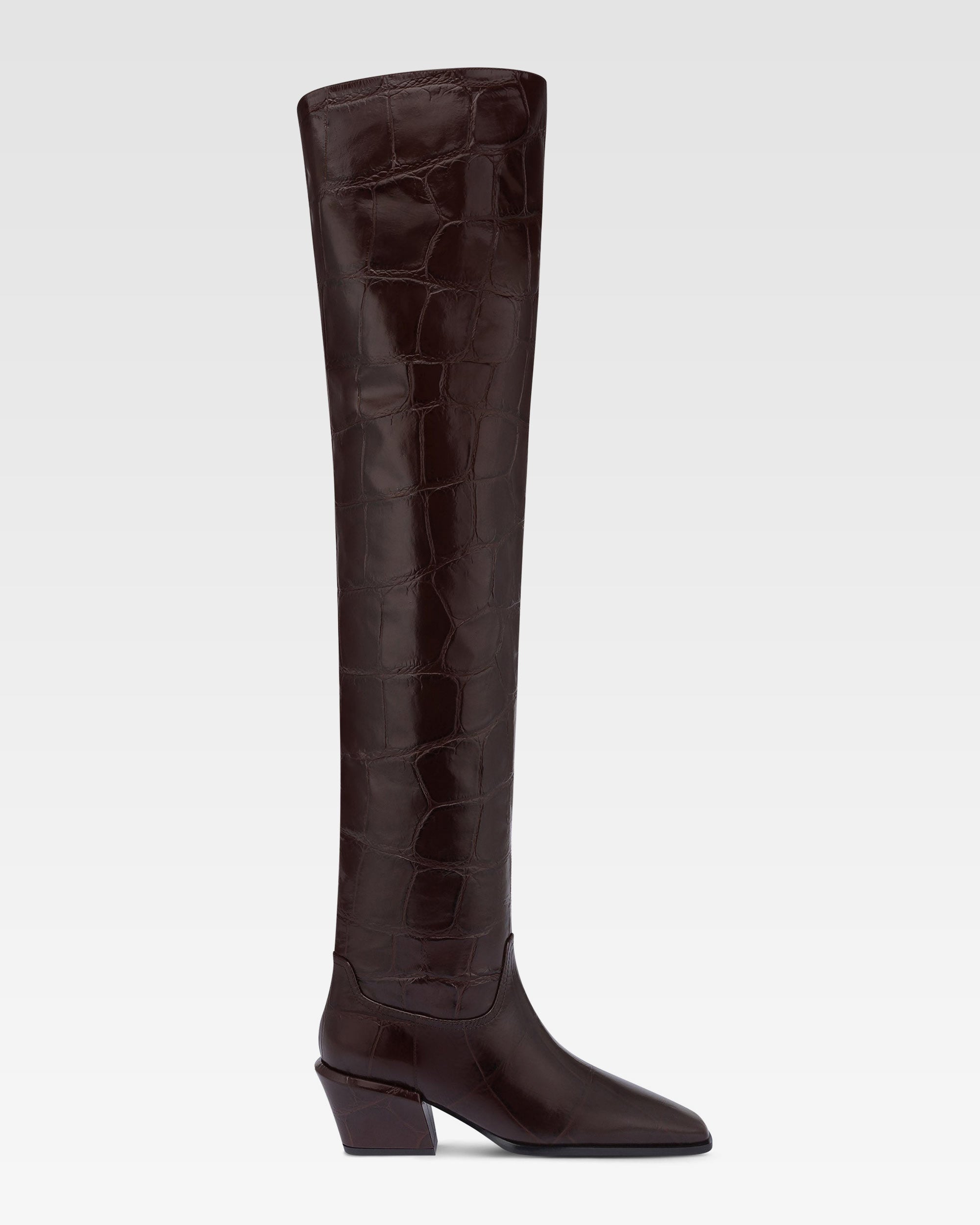 Over-the-knee boots in ebony croco-embossed leather