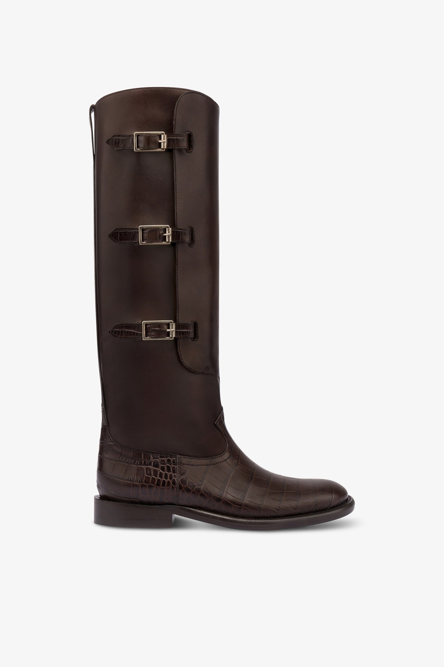 Stiefel aus ebenholzfarbenem Kalbsleder mit Details mit Kroko-Pragung