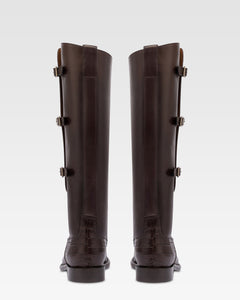 Stiefel aus ebenholzfarbenem Kalbsleder mit Details mit Kroko-Pragung