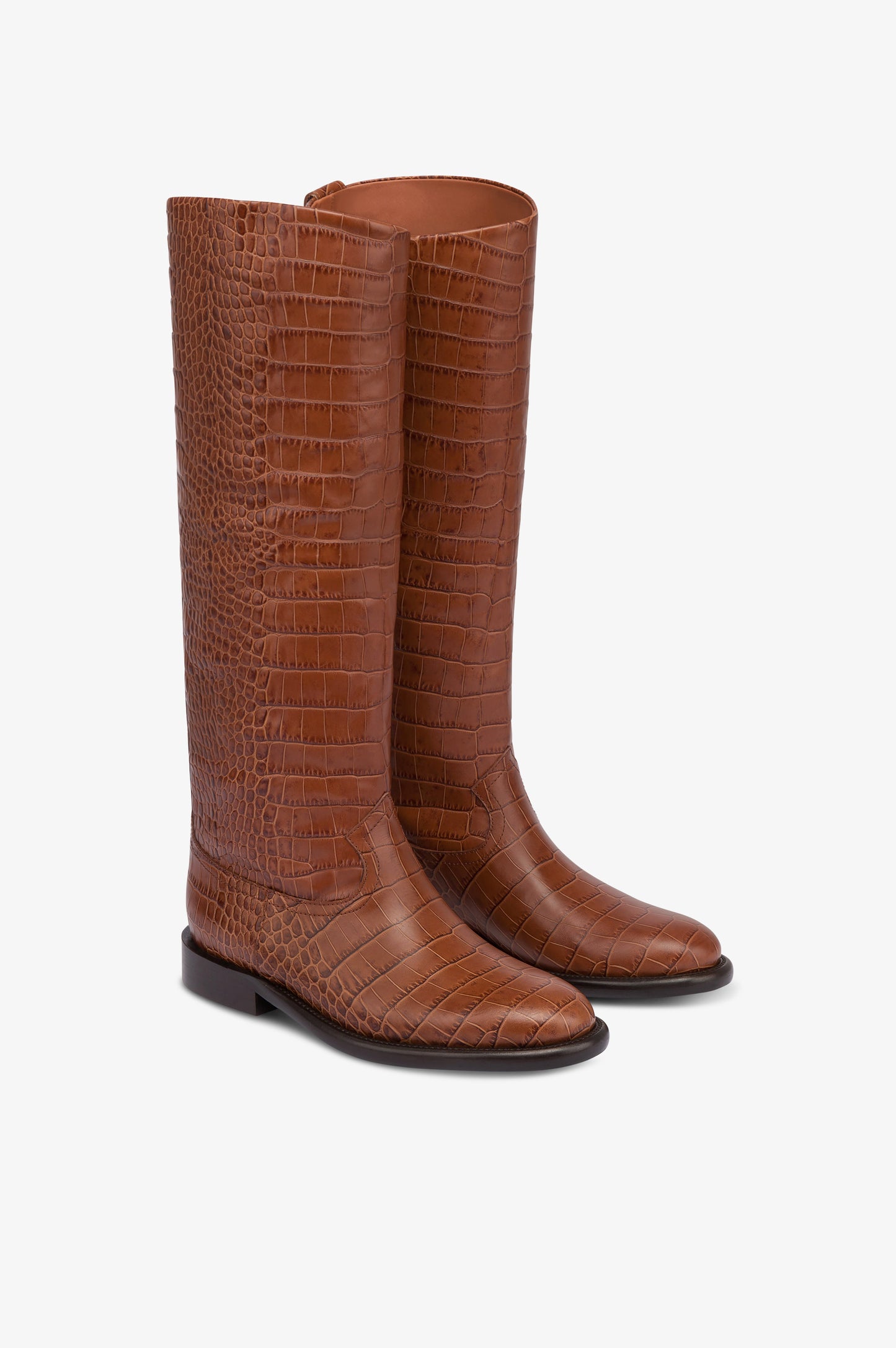 Bottes en cuir gaufre facon crocodile couleur chocolat