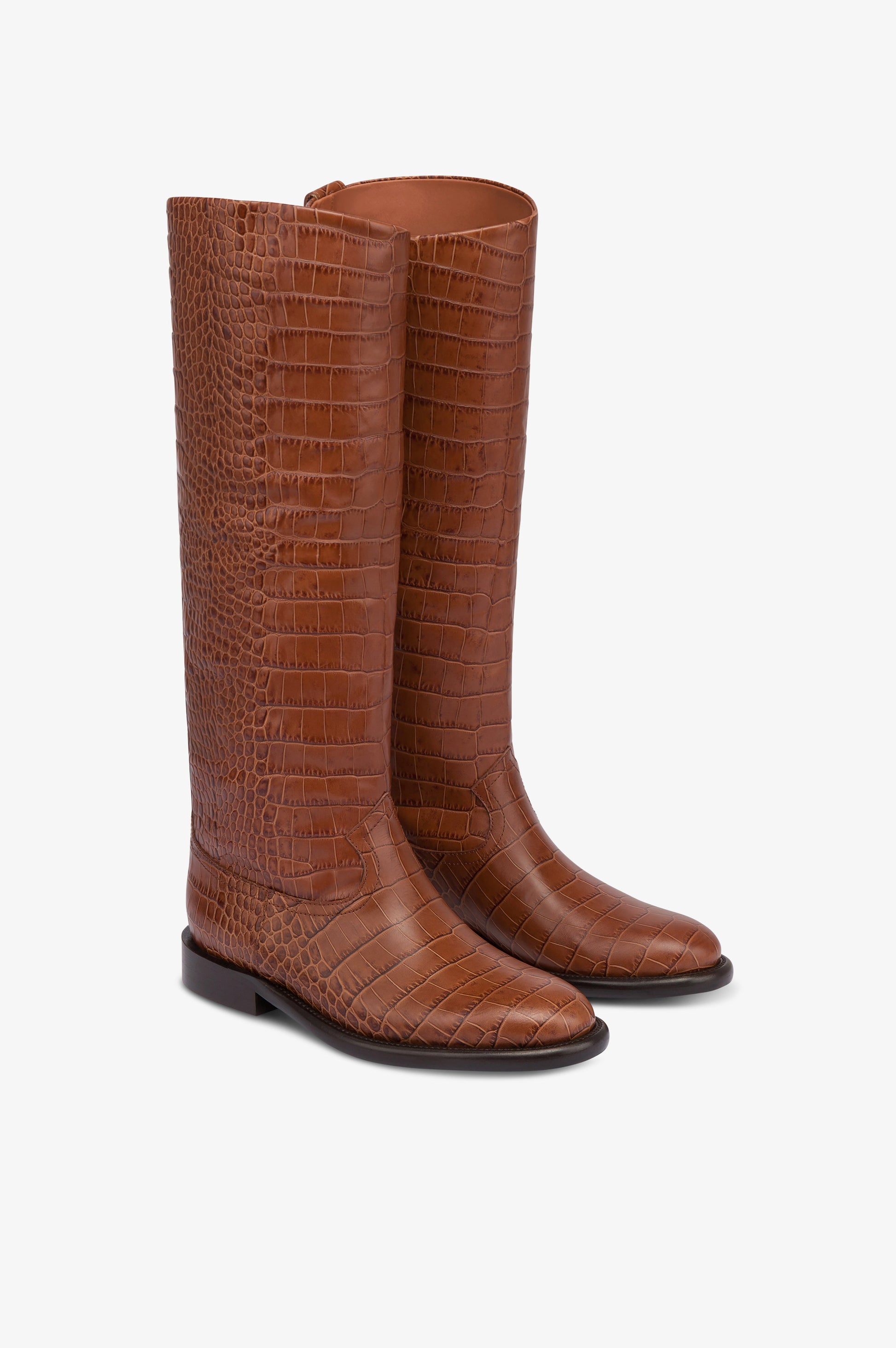Bottes en cuir gaufre facon crocodile couleur chocolat