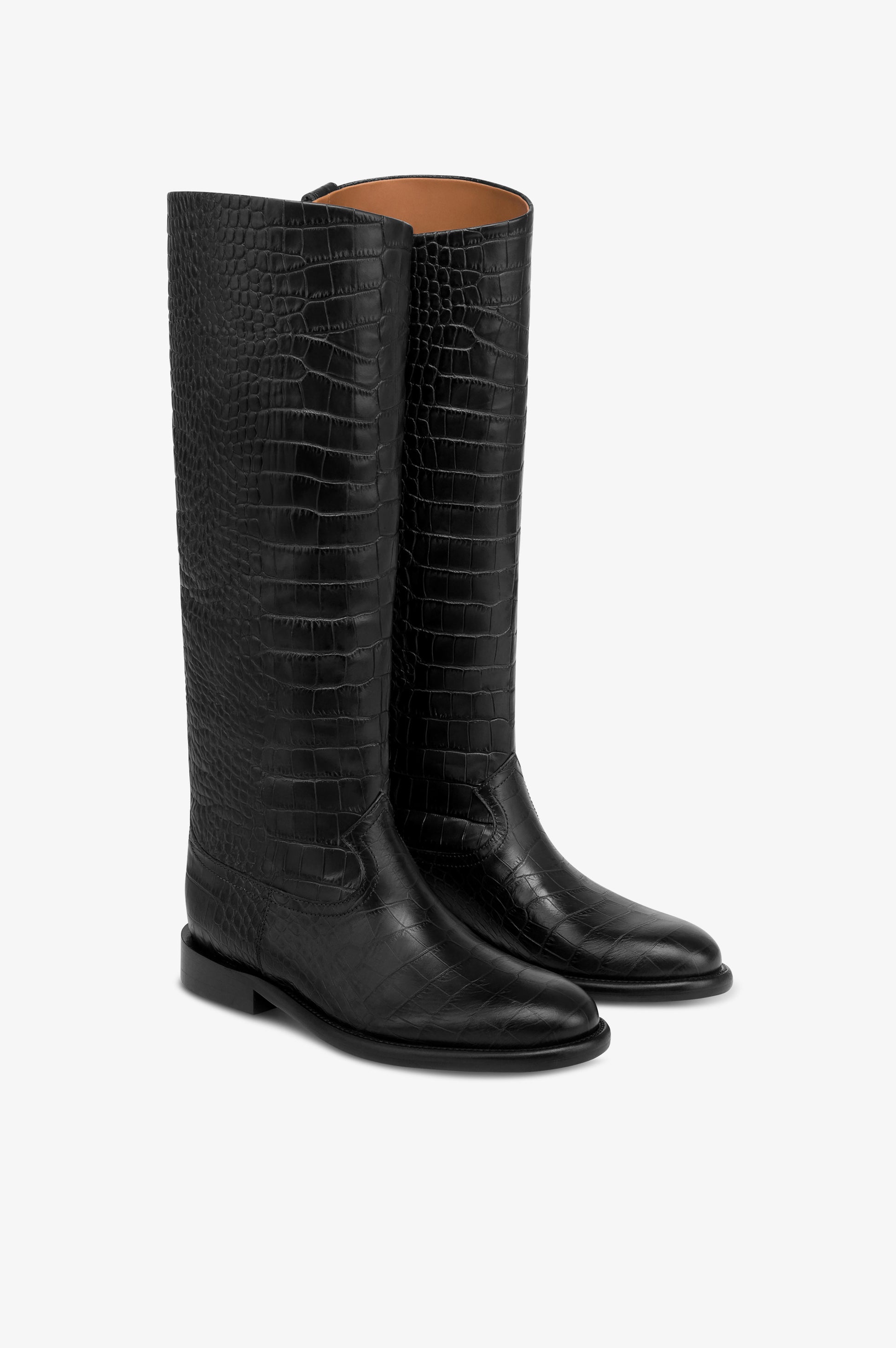 Bottes en cuir gaufre facon crocodile couleur noir