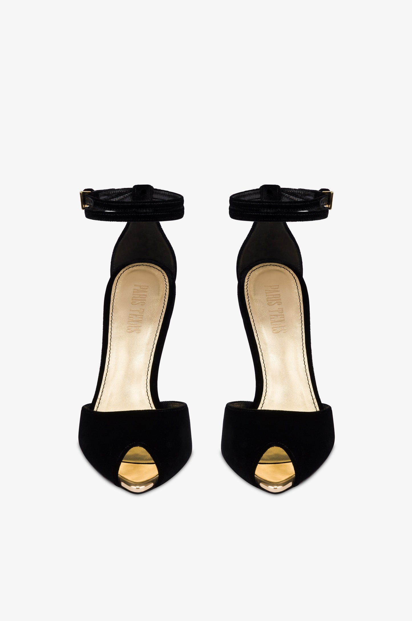 Sandals in black velvet with gold detailing.