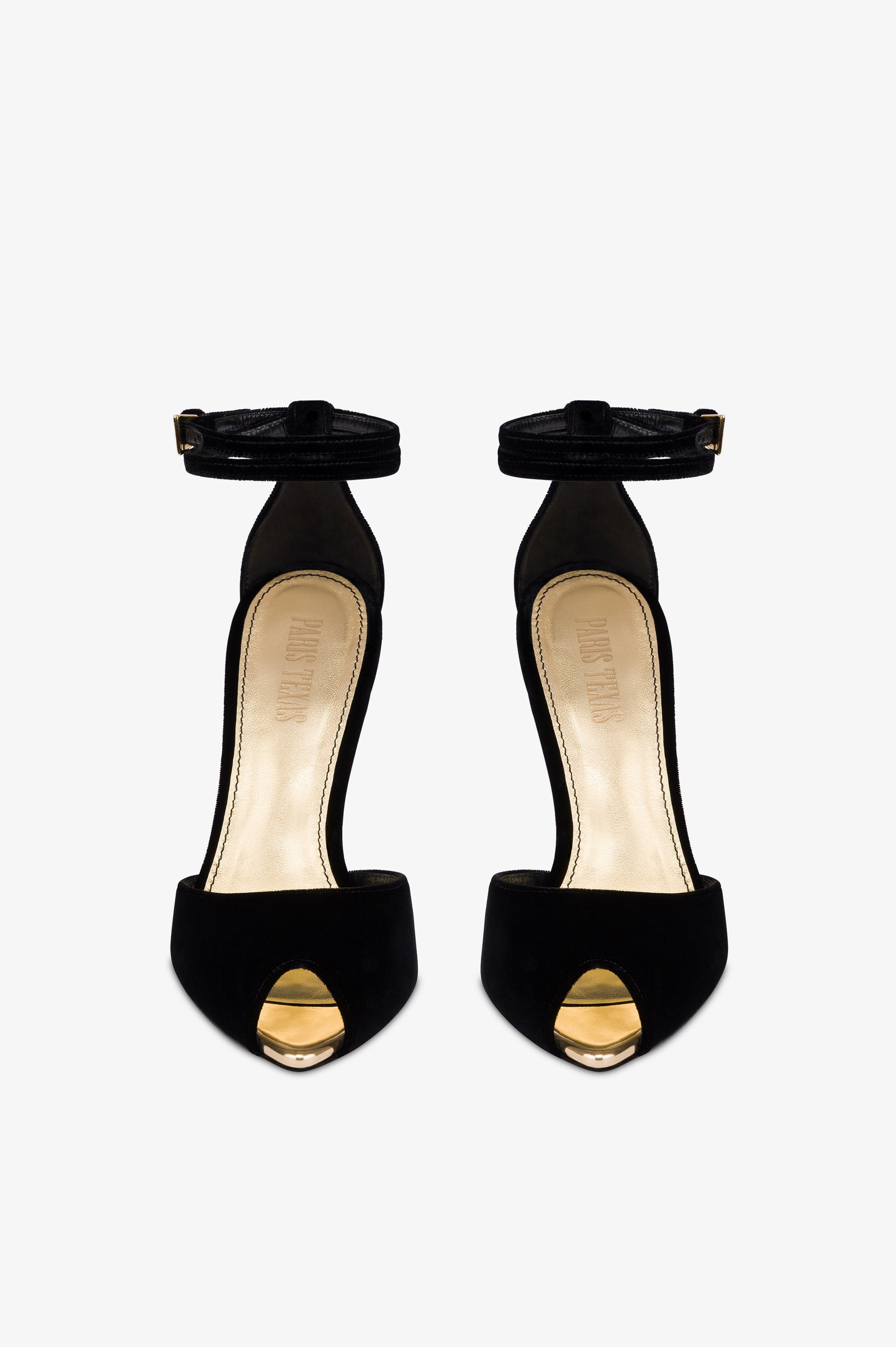 Sandals in black velvet with gold detailing.