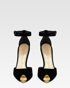 Sandals in black velvet with gold detailing.