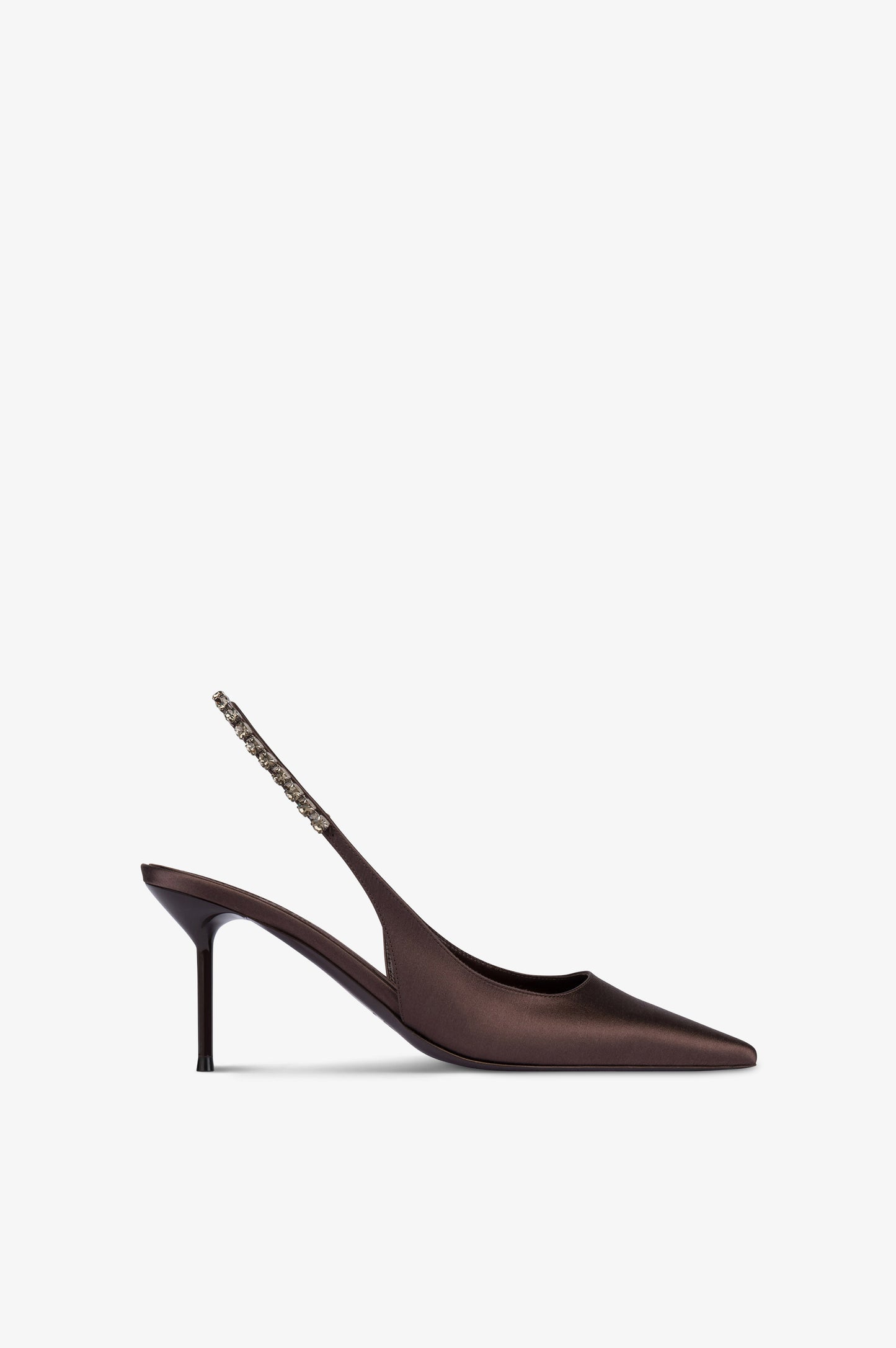 Slingbacks in ebony satin with stud detailing.