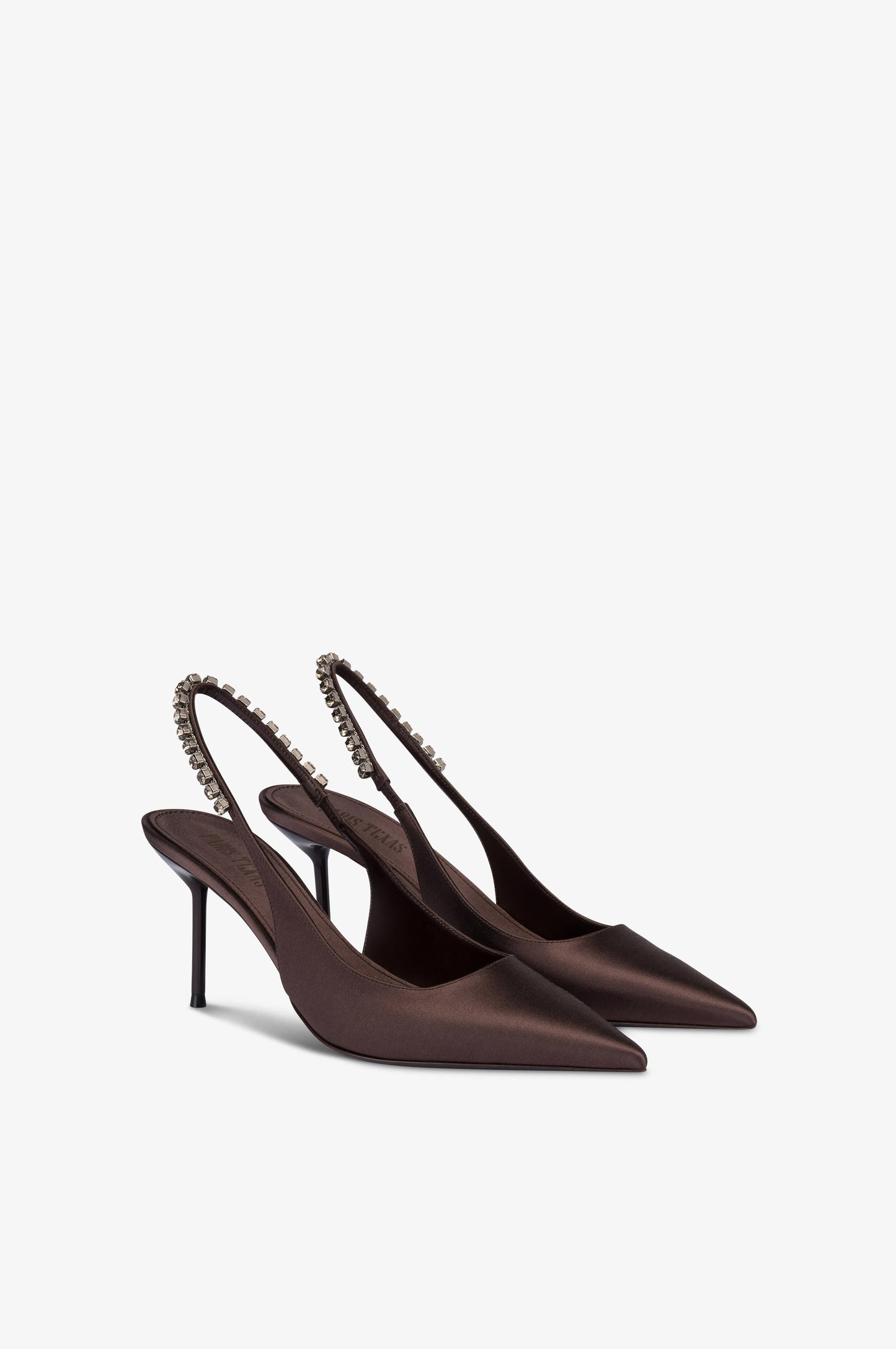 Slingbacks in ebony satin with stud detailing.