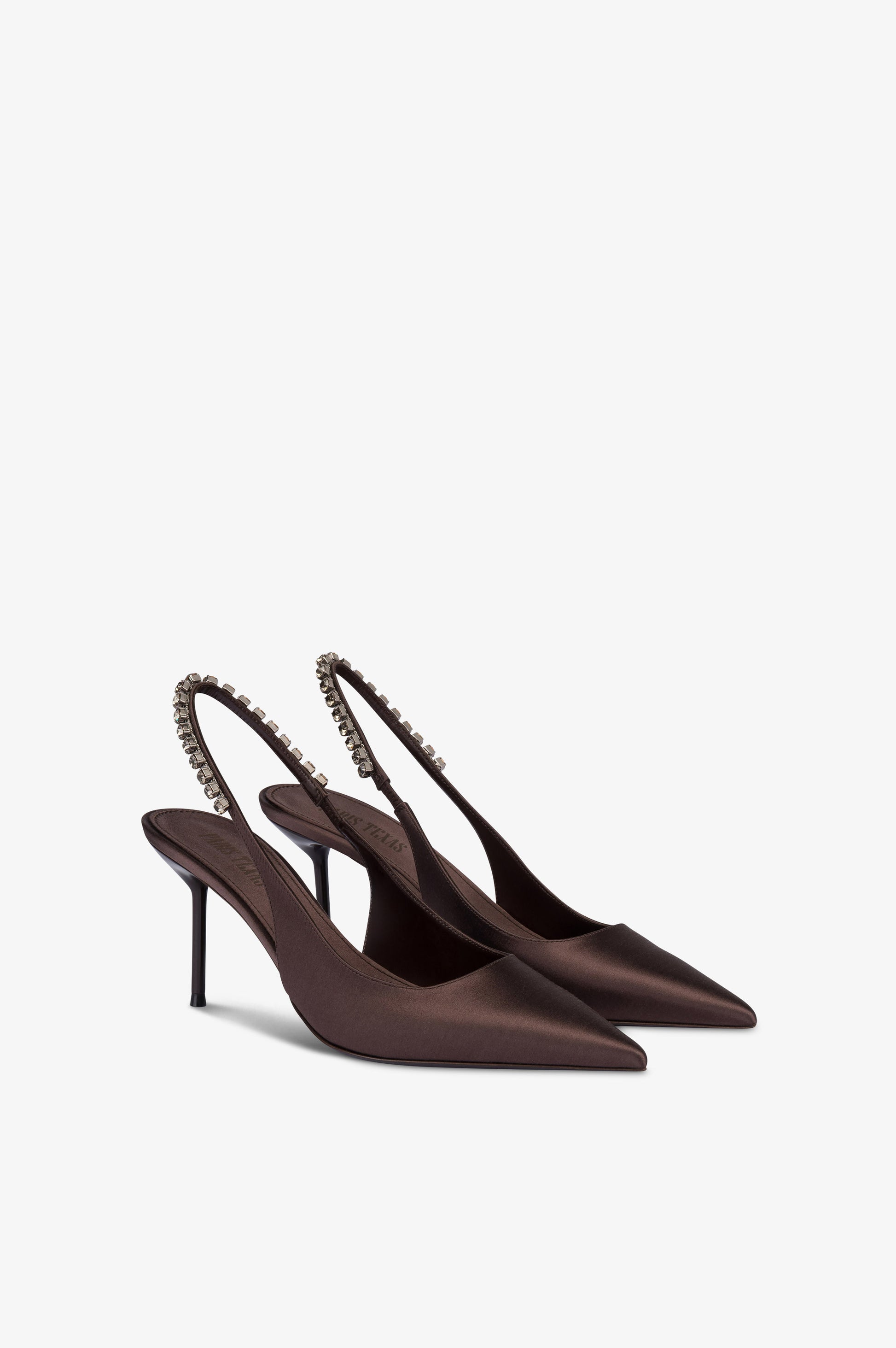 Slingbacks in ebony satin with stud detailing.