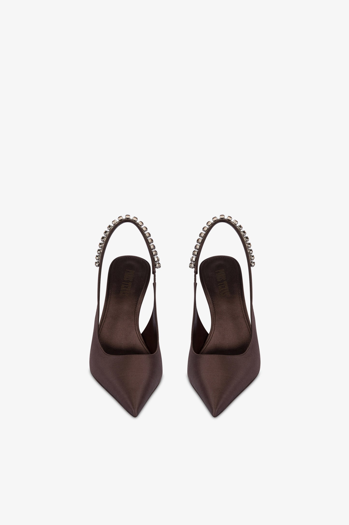Slingbacks in ebony satin with stud detailing.