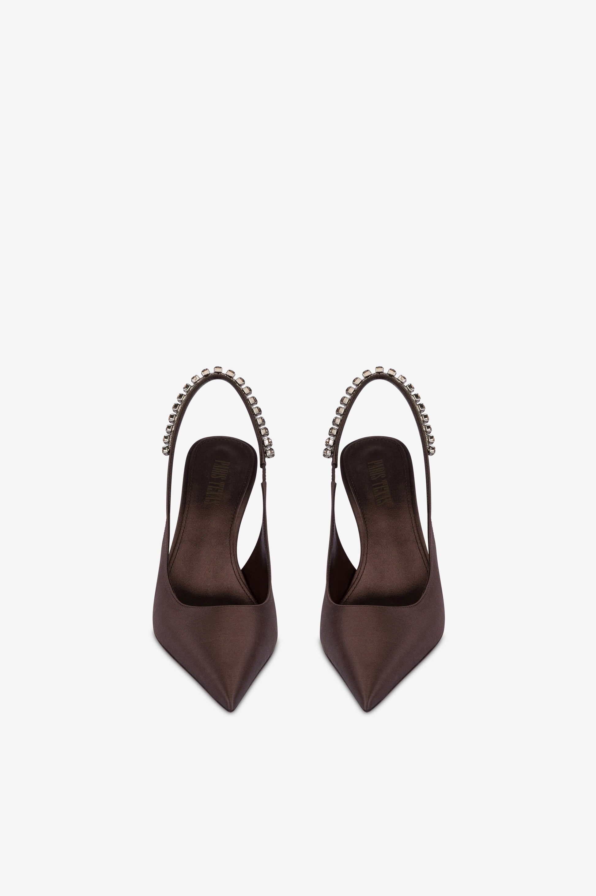 Slingbacks in ebony satin with stud detailing.