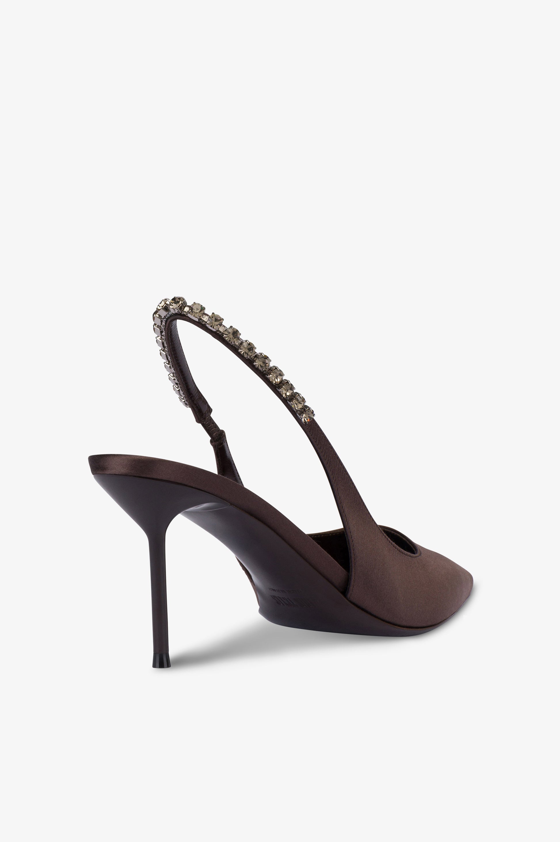Slingbacks in ebony satin with stud detailing.