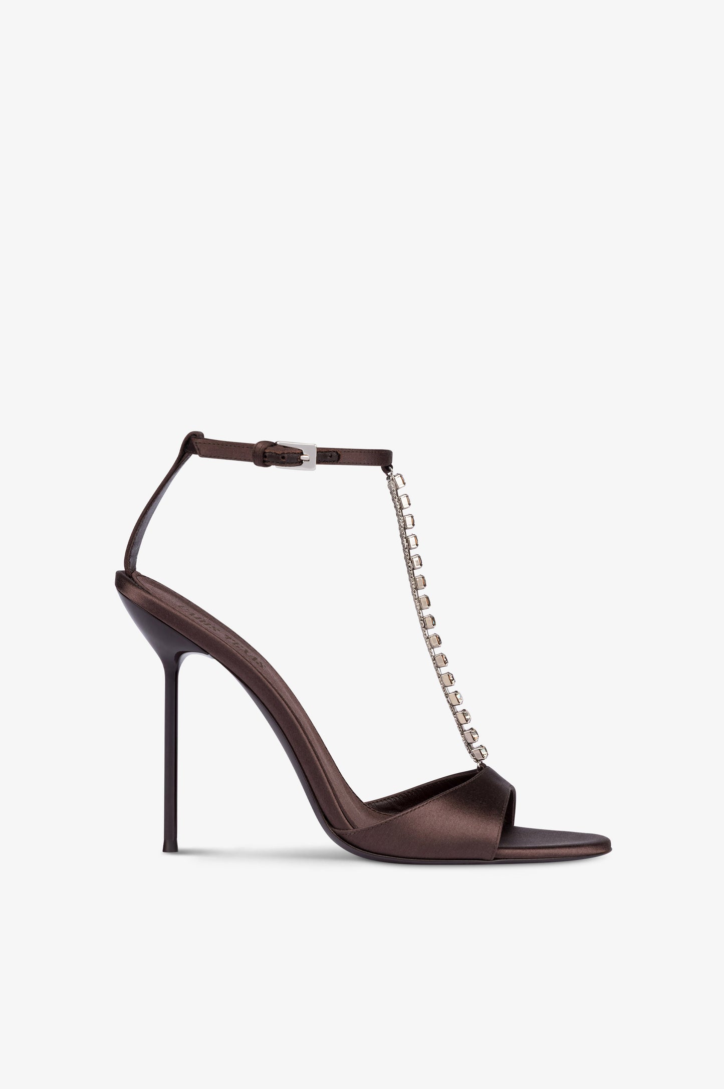 T-strap sandals in ebony satin with stud detailing.