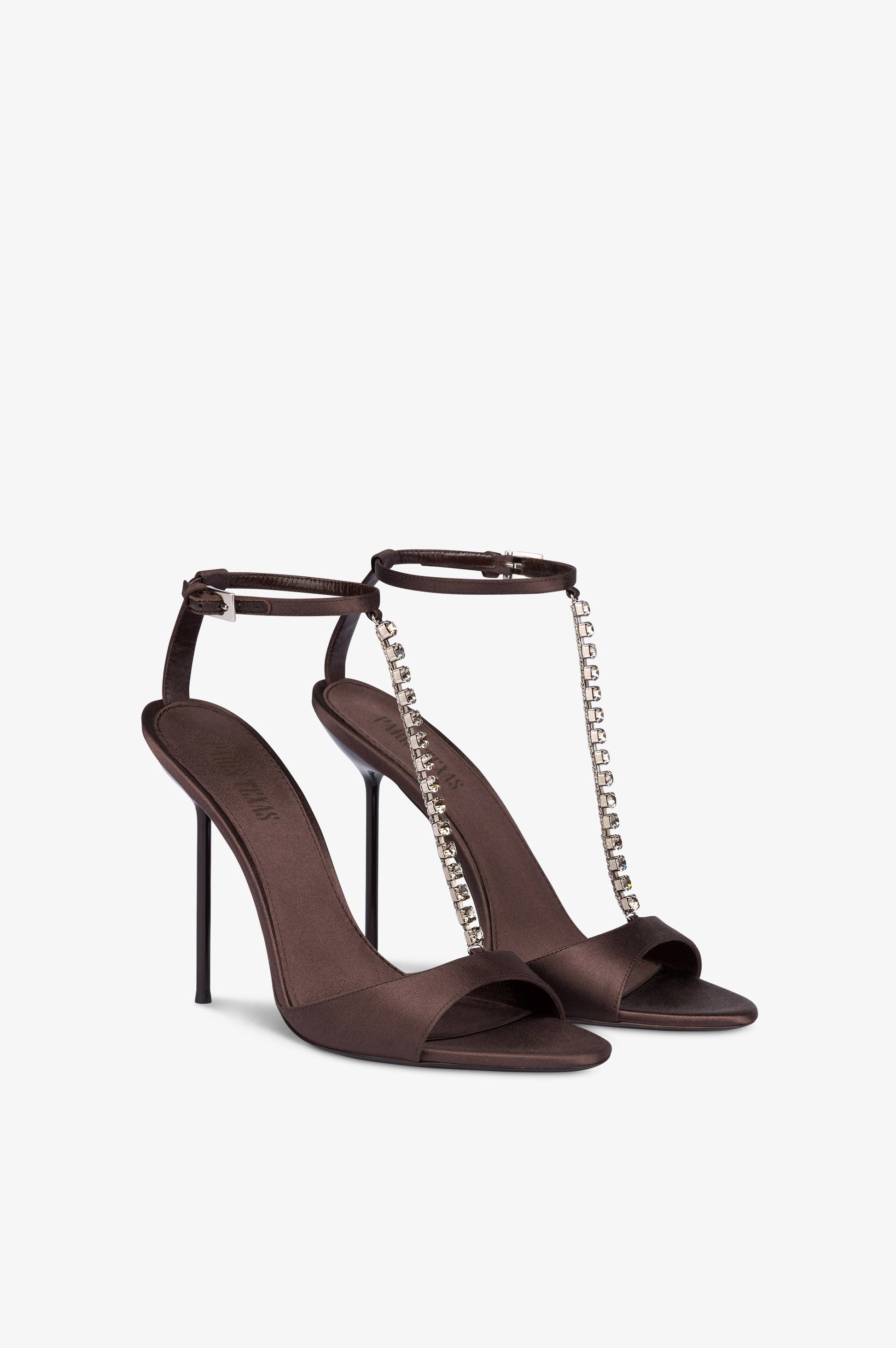 T-strap sandals in ebony satin with stud detailing.