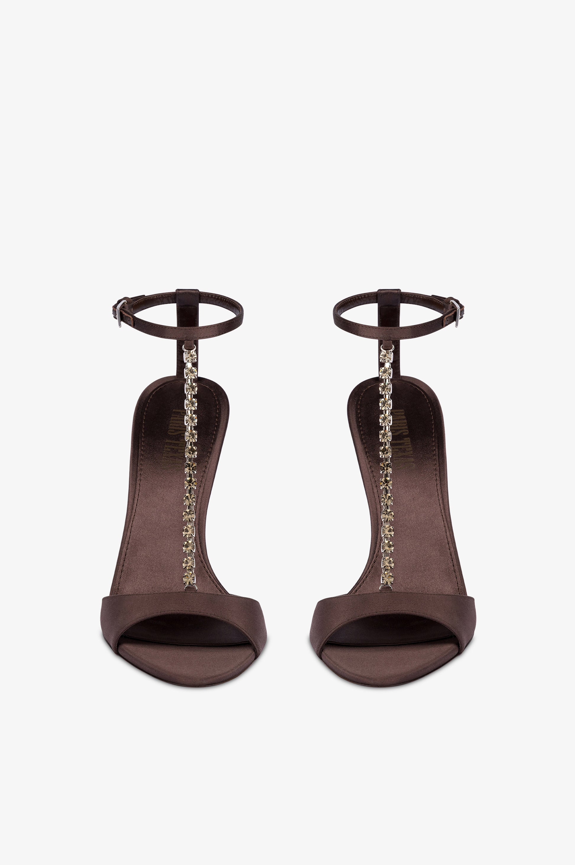 T-strap sandals in ebony satin with stud detailing.
