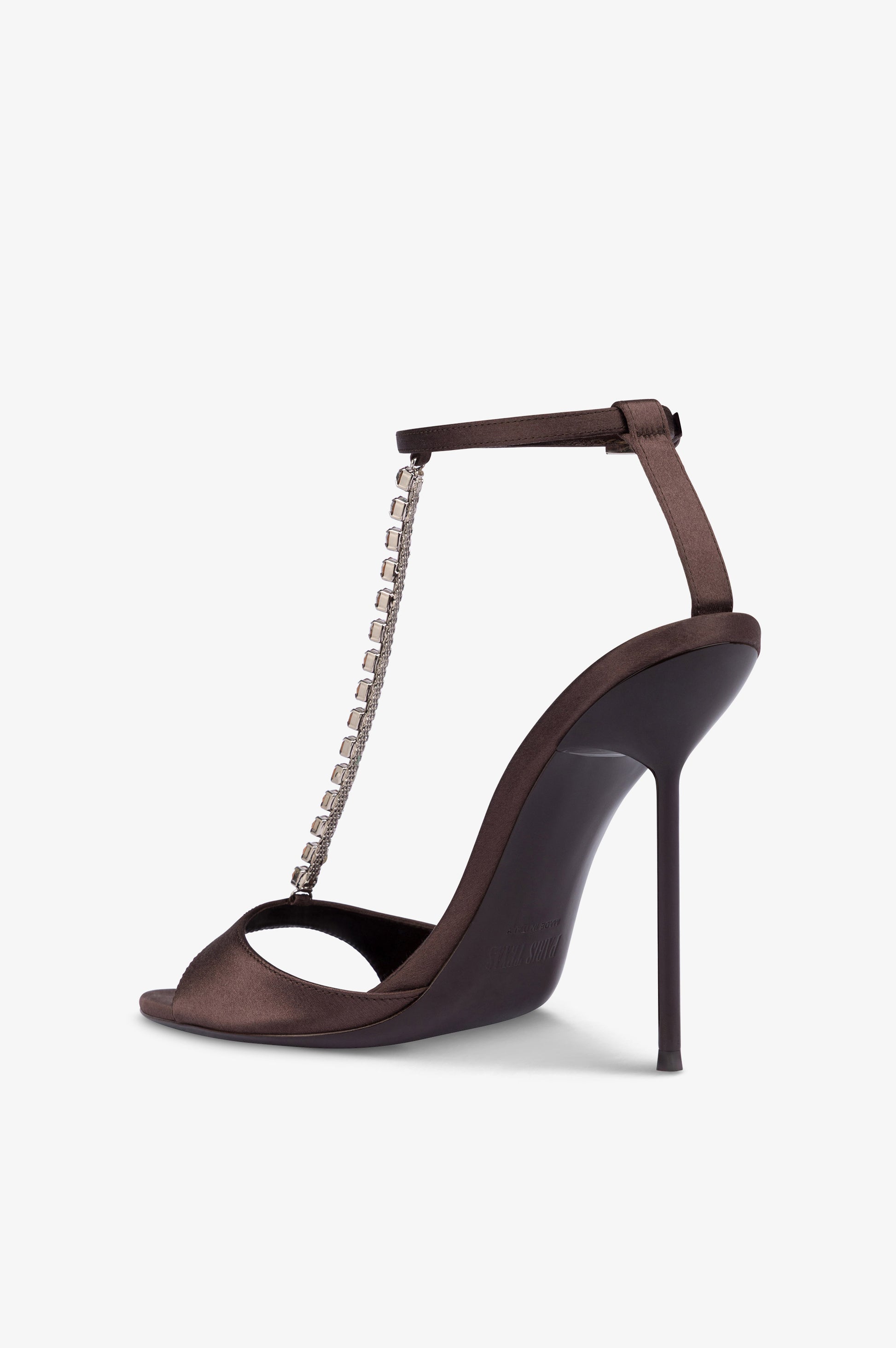 T-strap sandals in ebony satin with stud detailing.