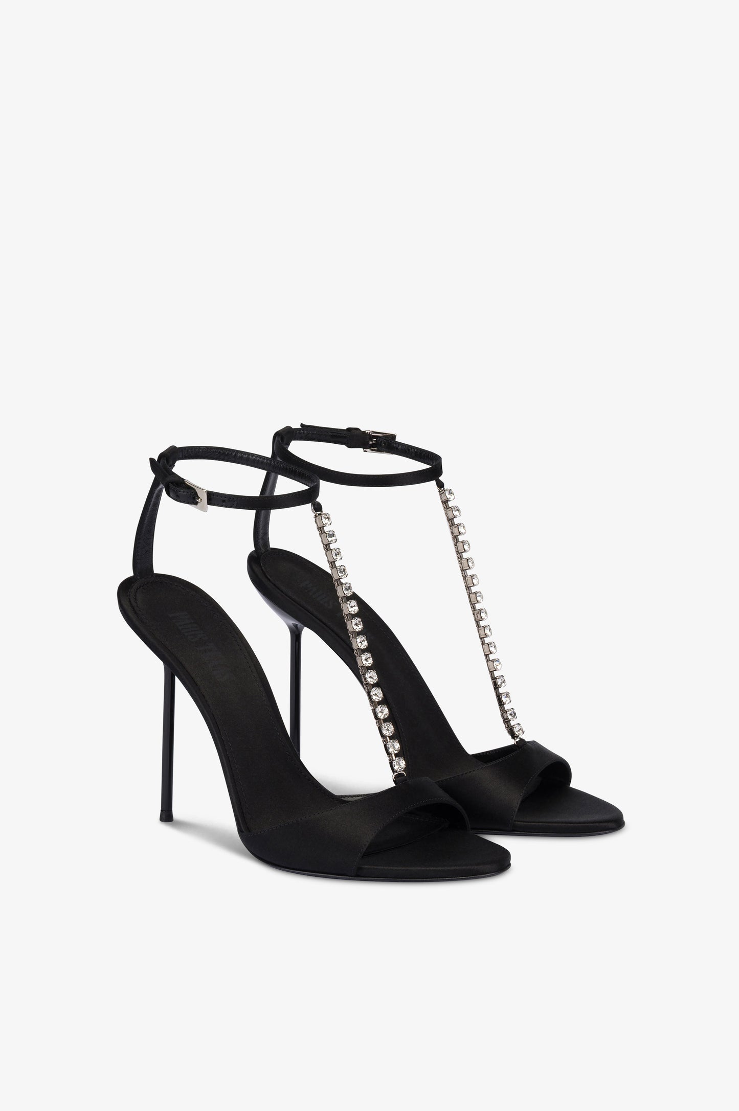T-strap sandals in black satin with stud detailing.