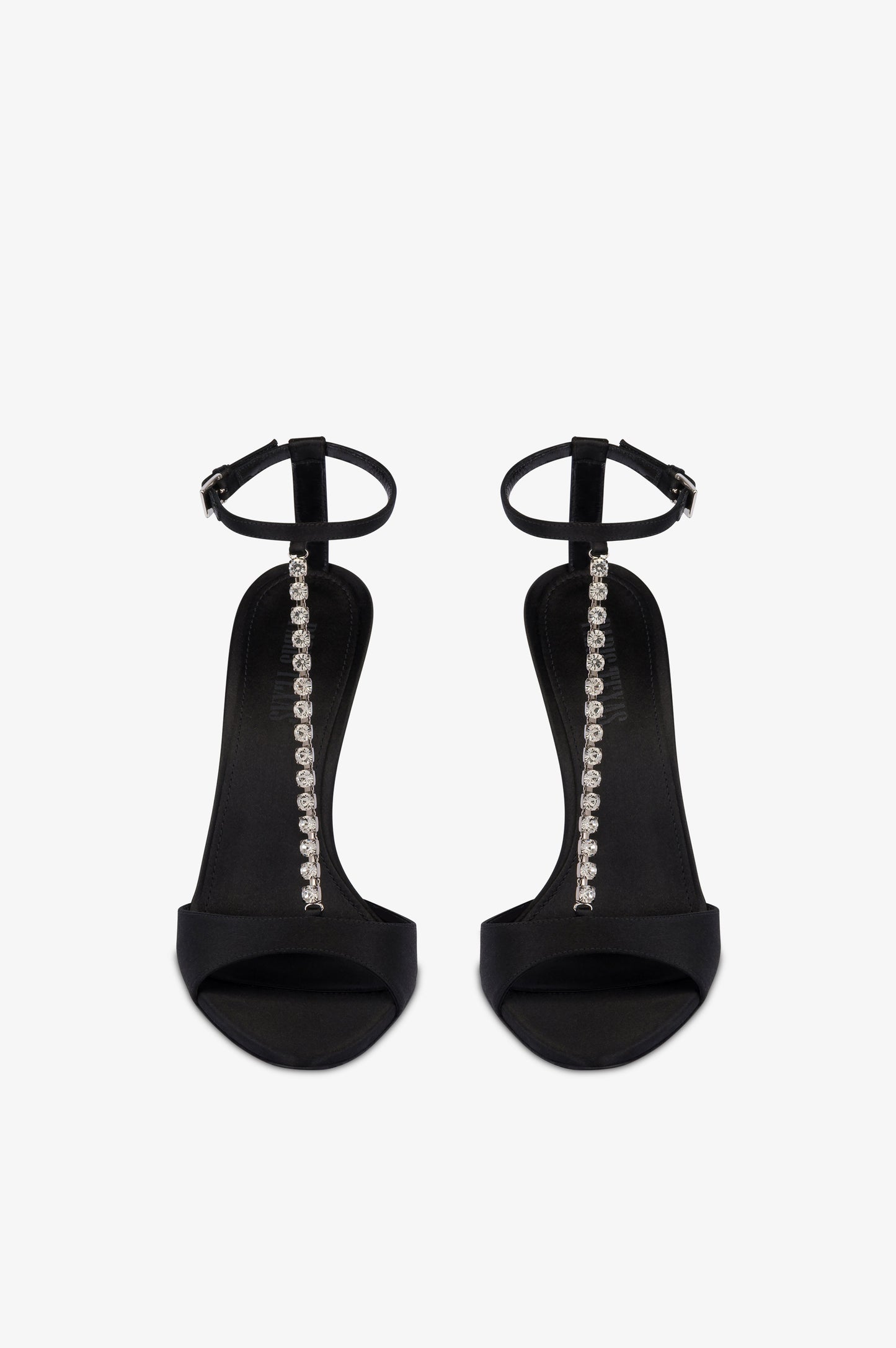 T-strap sandals in black satin with stud detailing.