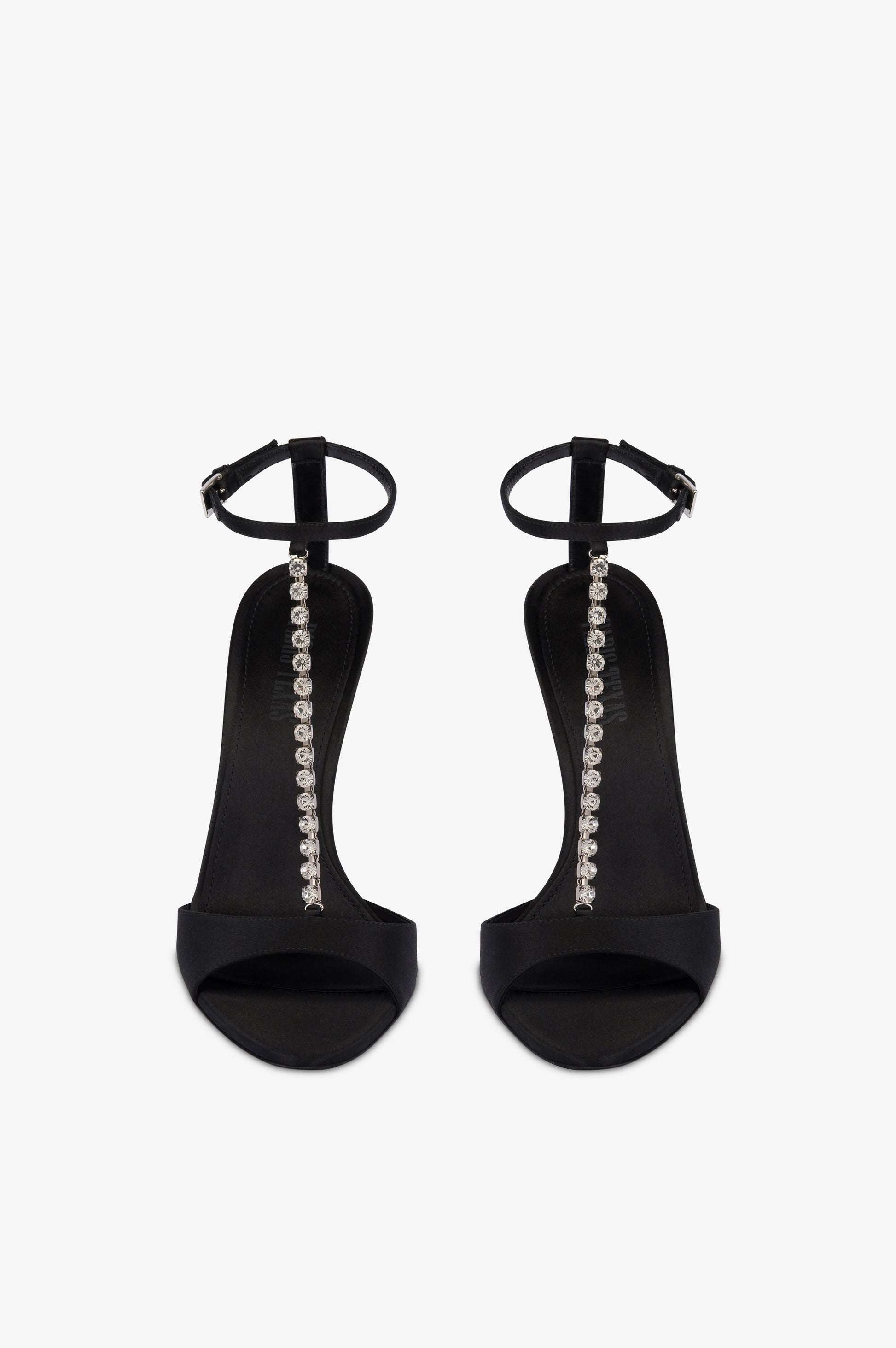 T-strap sandals in black satin with stud detailing.