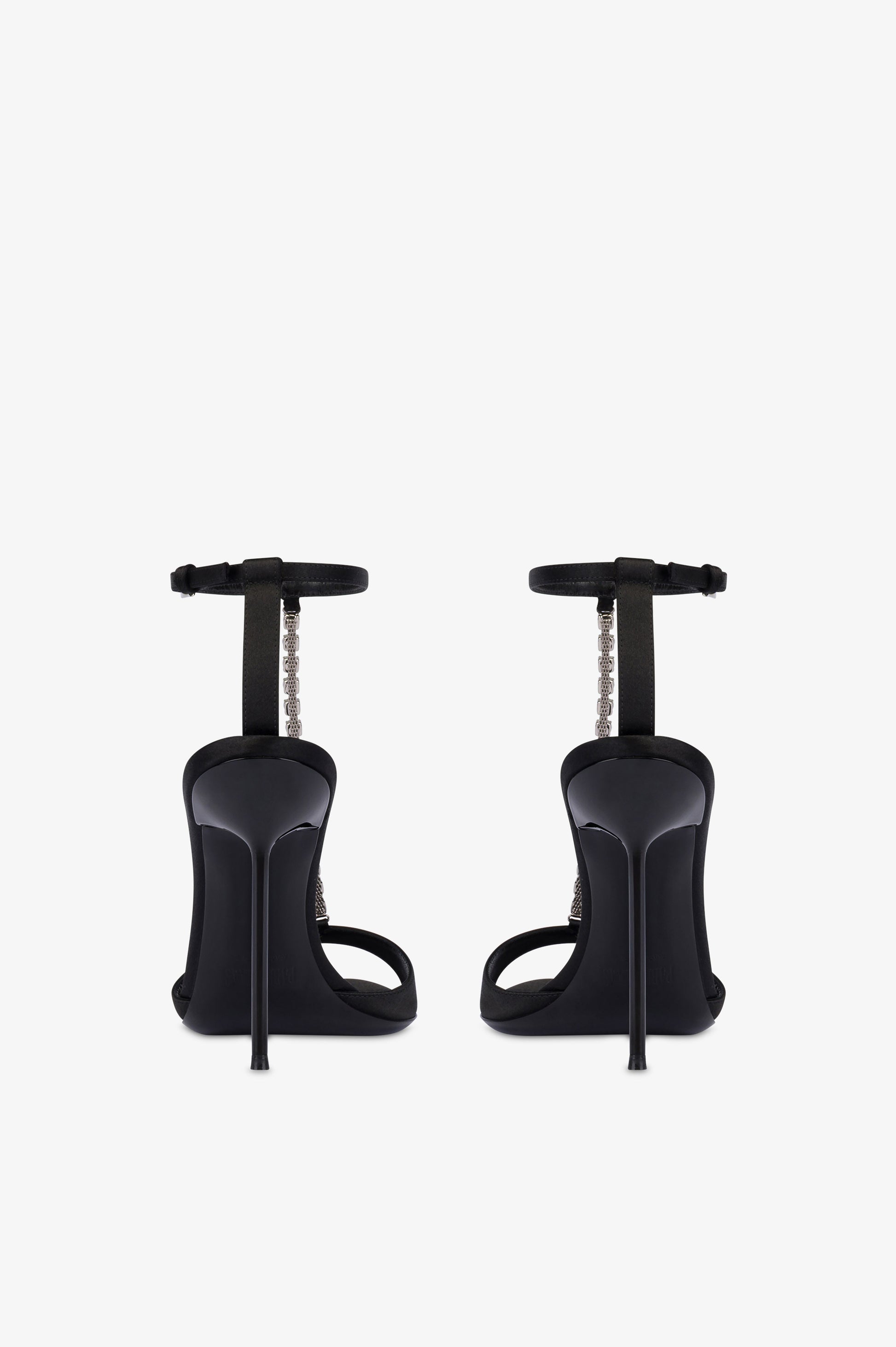 T-strap sandals in black satin with stud detailing.